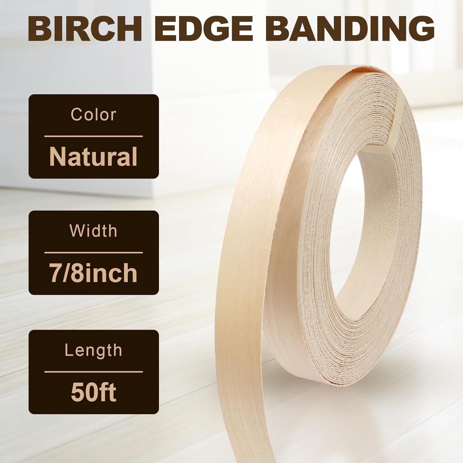 Biaungdo Birch Edge Banding 7/8 Inch x 50ft, Wood Veneer Roll Tape Banding Pre-Glued, Iron-on Veneer Edging Band Strips for Cabinet, Furniture Restoration - Image 2