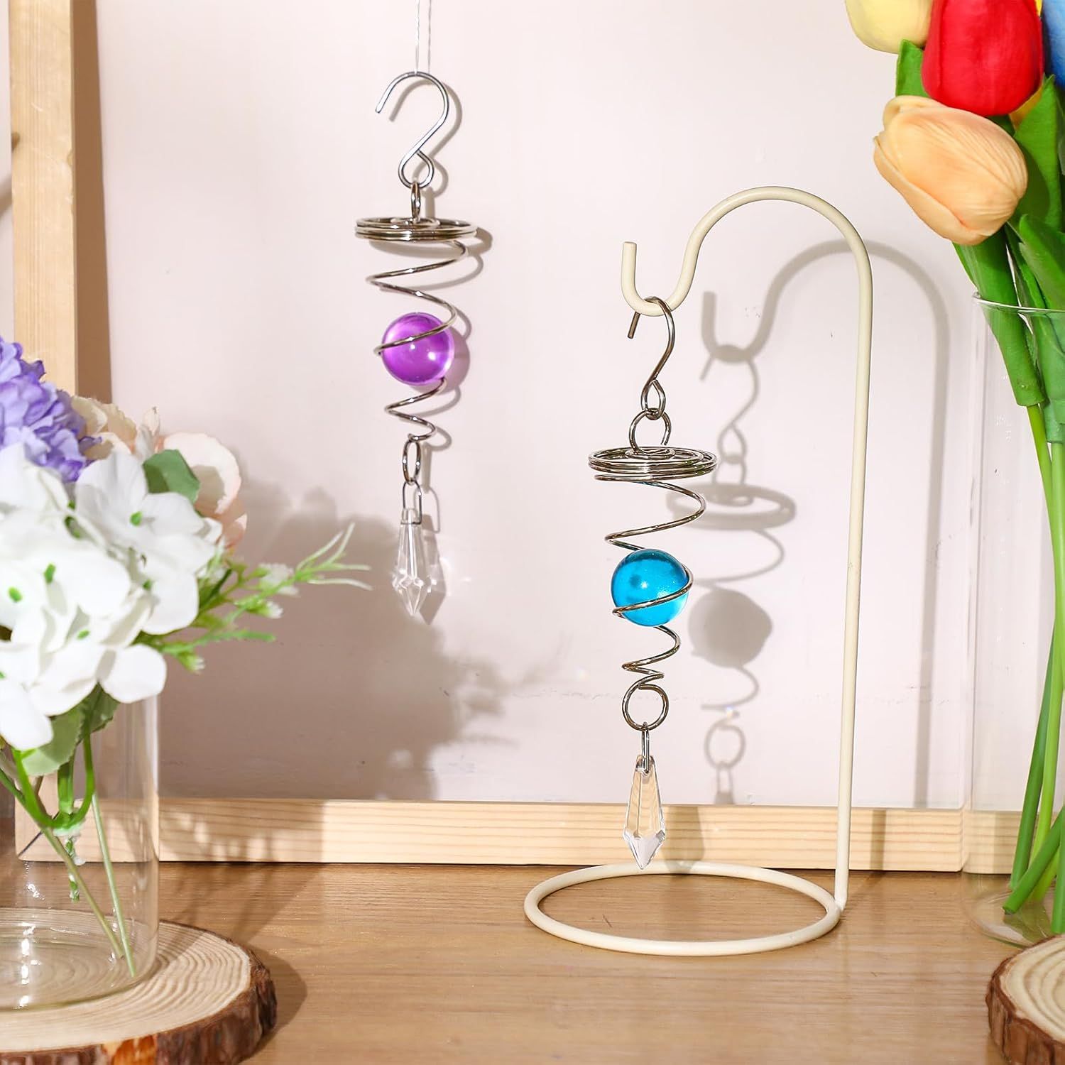 2 Pieces Gazing Ball Spiral Tail Decorative Wind Spinner Stabilizer Stainless Steel Indoor Outdoor Hanging Wind Ball Spinner with Hanging Swivel Hook or Garden Decoration(Purple, Dark Blue) - Image 2