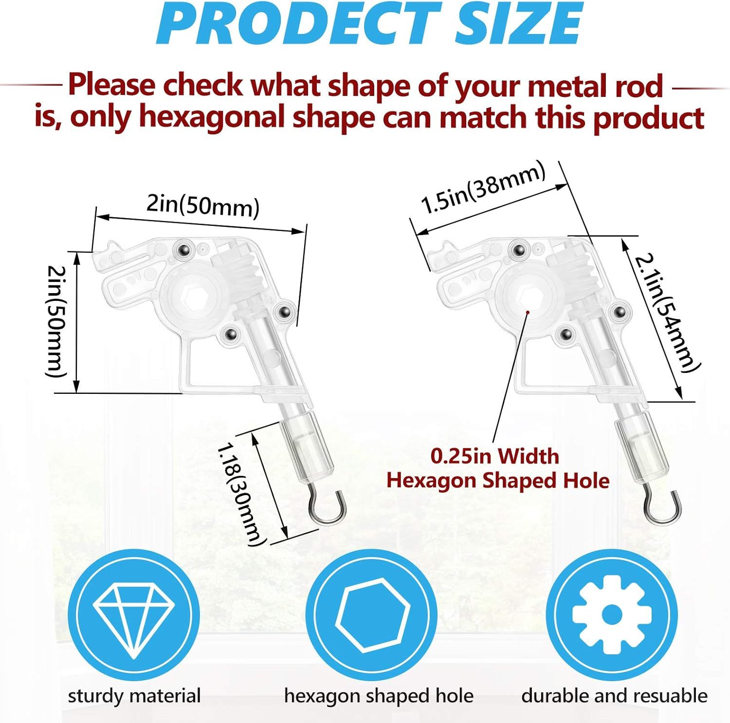 4 Pieces Low Proile Wand Tilter Universal Wand Tilter or 2 Inches Horizontal Blinds Tilt Mechanism Hook Connection with Hexagon Shaped Gear Low Rail Blinds Parts - Image 3