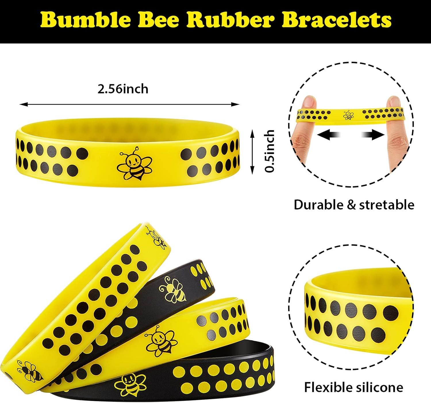 60 Pcs Bee Silicone Bracelets Bulk, Honeybee Party avors or World Bee Day Honeybee Theme Party Birthday Baby Shower Classroom Goodie Bags iller Supplies, 2 Colors - Image 3