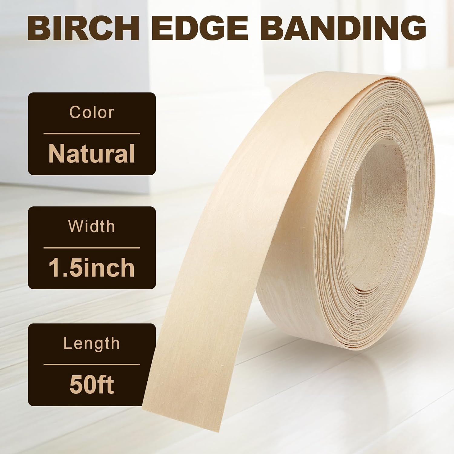 Biaungdo Birch Edge Banding 1-1/2 Inch x 50ft, Wood Veneer Roll Tape Banding Pre-Glued, Iron-on Veneer Edging Band Strips for Cabinet, Furniture Restoration - Image 4