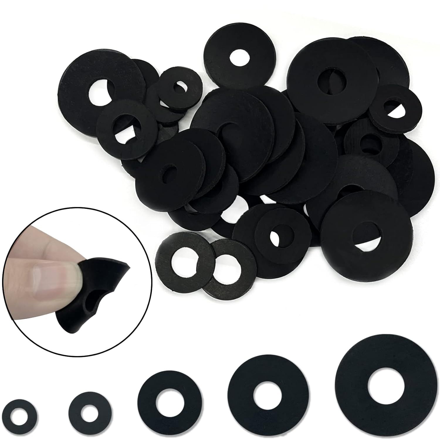200 Pcs lat Rubber Washers Assortment Kit: Black Rubber lat Washer or Bolts/aucets/Screws/Garden Hose/Plumbing, 5 Sizes - Image 1