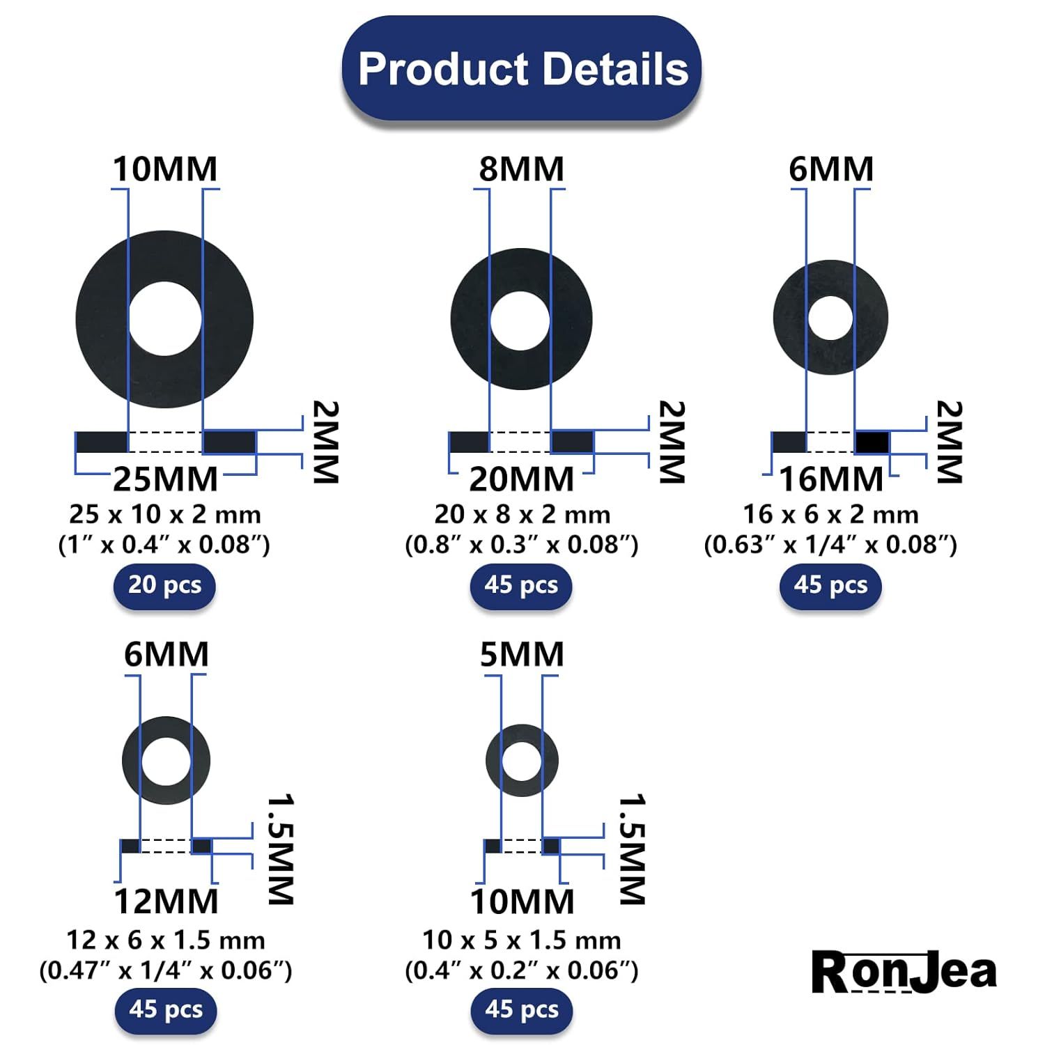200 Pcs lat Rubber Washers Assortment Kit: Black Rubber lat Washer or Bolts/aucets/Screws/Garden Hose/Plumbing, 5 Sizes - Image 2