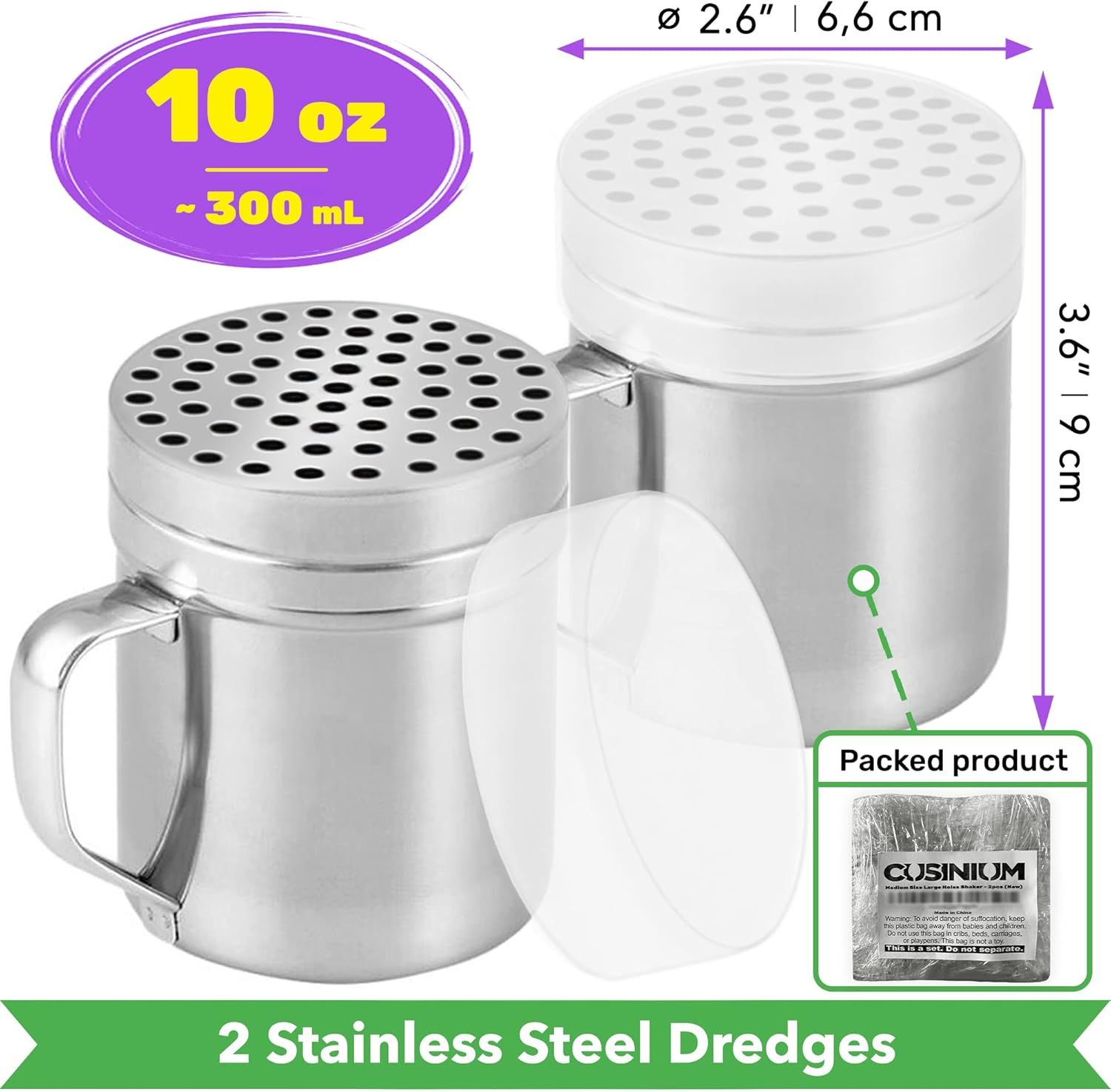10oz Metal Parmesan Cheese Shakers with Large Holes - With Handle - Chili lakes Dispensers - Pizza Shakers - Pack o 2 | Style: Coarse - Image 2