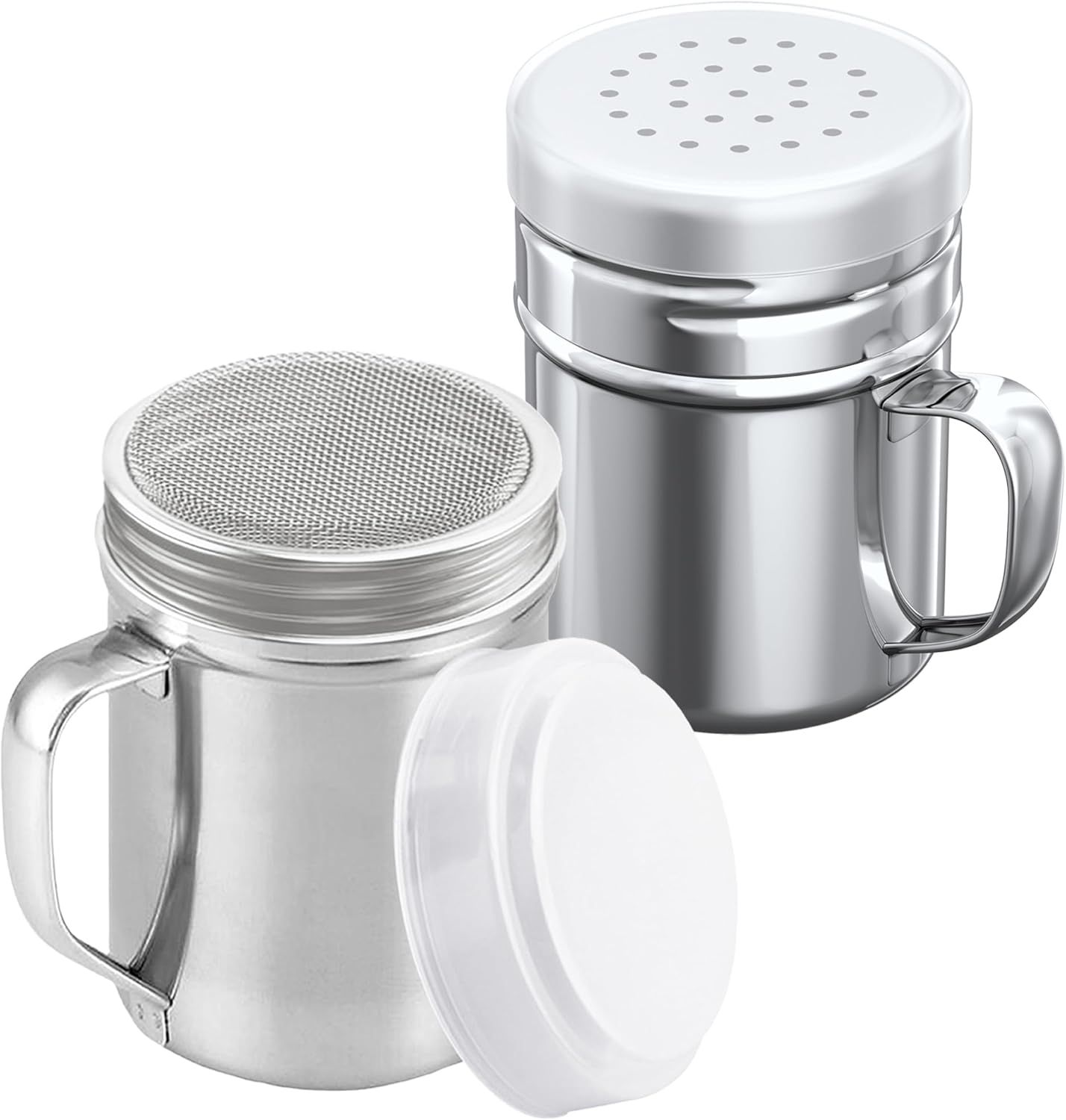 6 oz Powdered Sugar Shaker Duster + 6 oz Stainless Steel Salt Pepper Dredge Shaker - All with Plastic Caps and Handles Bundle - Image 1