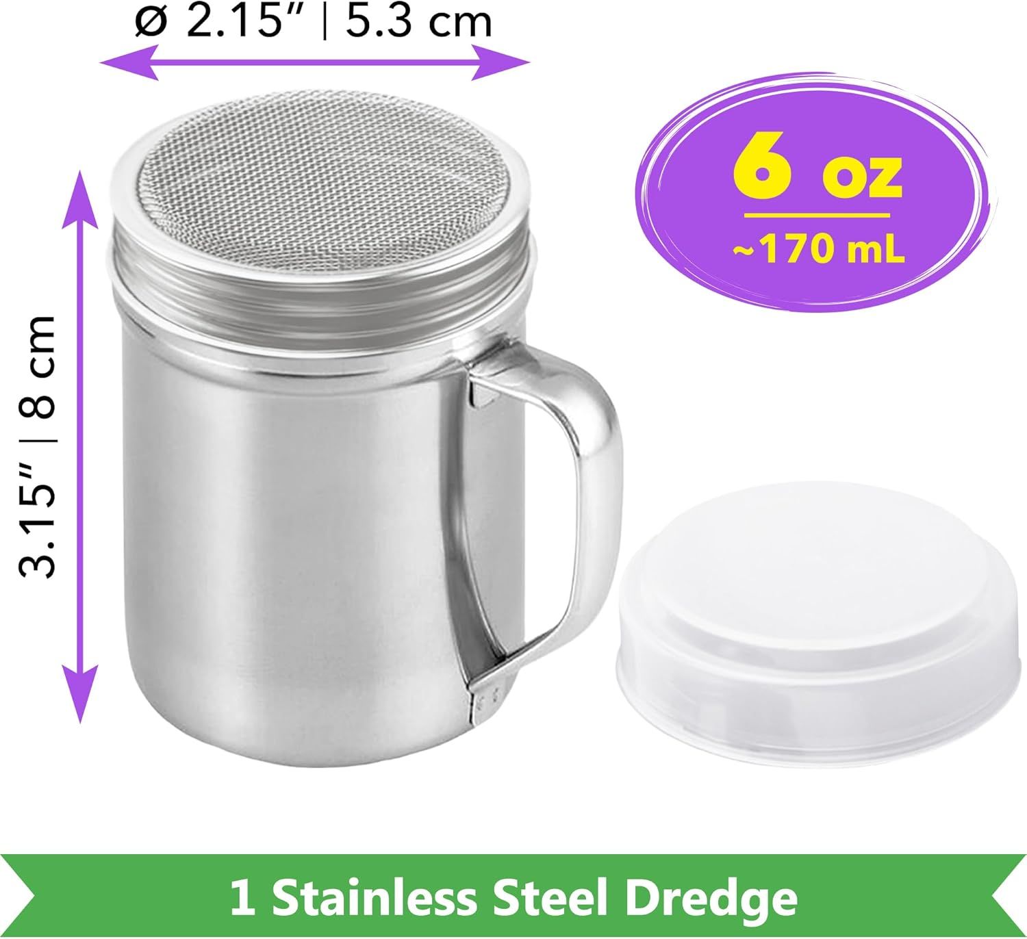 6 oz Powdered Sugar Shaker Duster + 6 oz Stainless Steel Salt Pepper Dredge Shaker - All with Plastic Caps and Handles Bundle - Image 2