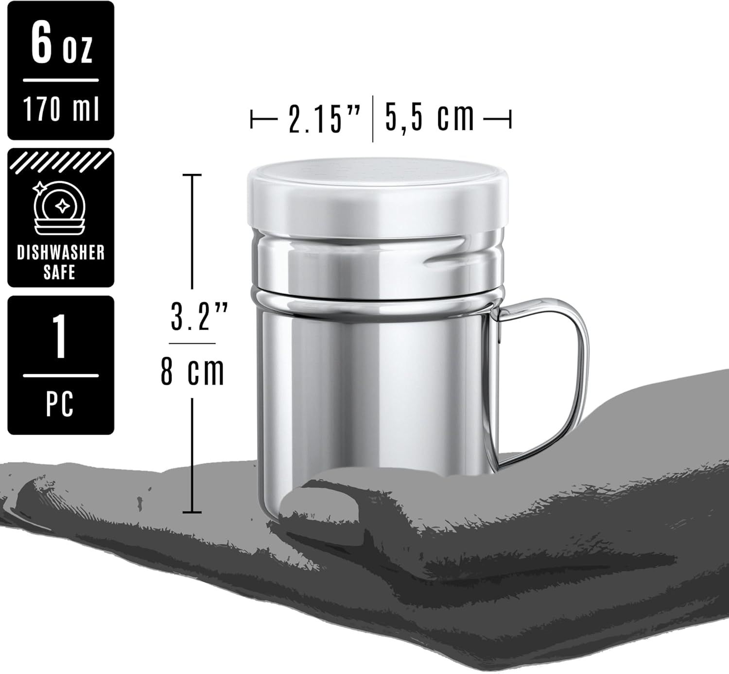 6 oz Powdered Sugar Shaker Duster + 6 oz Stainless Steel Salt Pepper Dredge Shaker - All with Plastic Caps and Handles Bundle - Image 4
