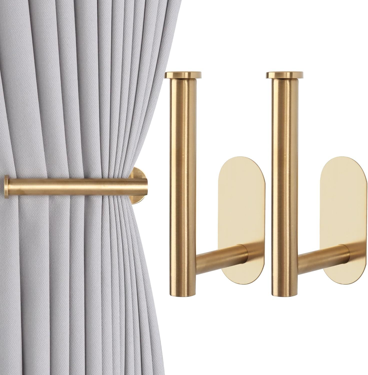 2 Pack Adhesive Curtain Holdbacks Curtain Tie Backs Curtain Holdbacks No Drill Curtain Pull Backs Adhesive Curtain Hooks Curtain Holders or Drapes (2, Gold) - Image 1
