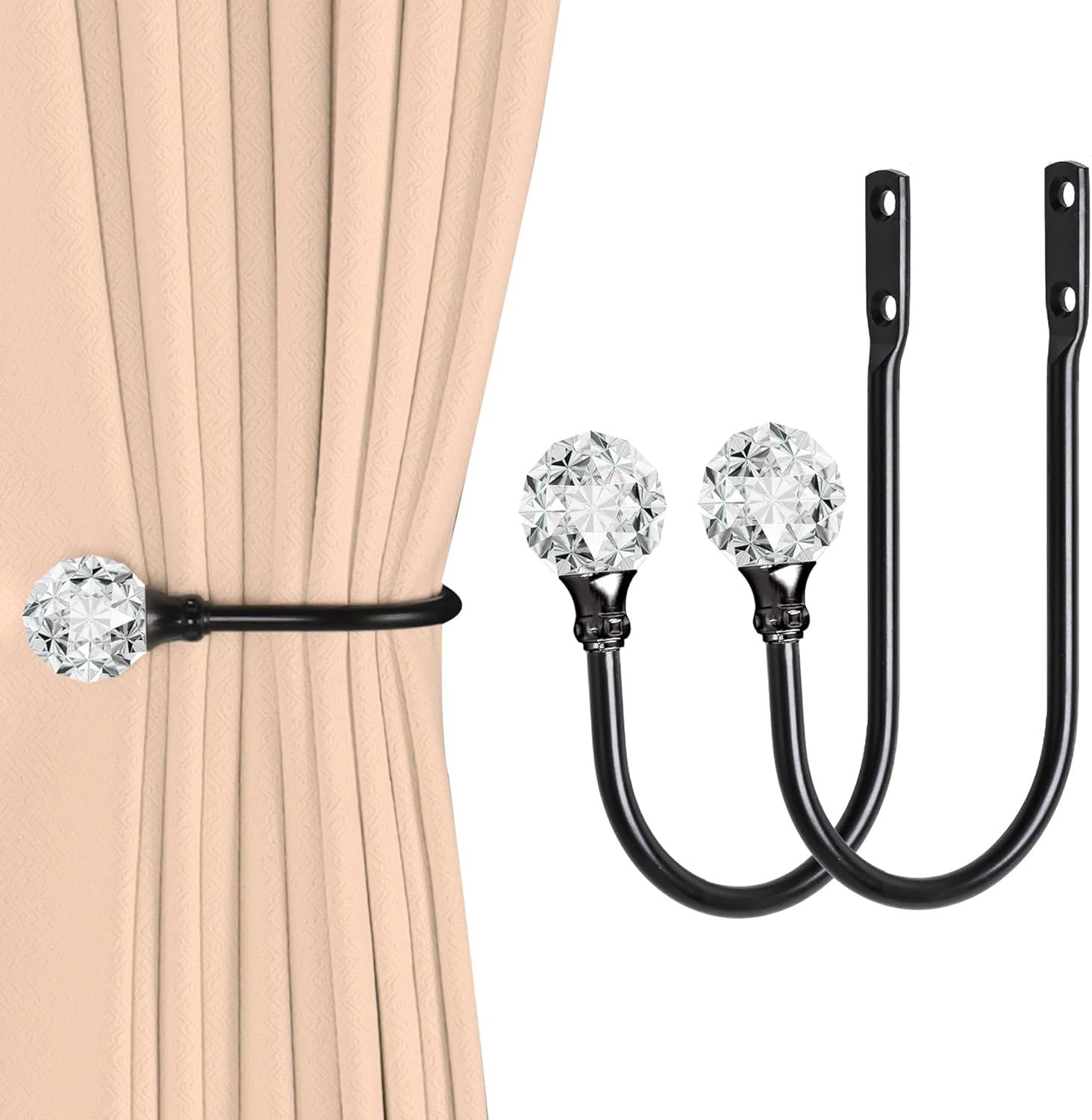 2 x Heavy Duty U Shaped Metal Curtain Holdbacks Curtain Tiebacks with Clear Crystal Ball Pull Backs Curtain Holders or Drapes (Black) - Image 1