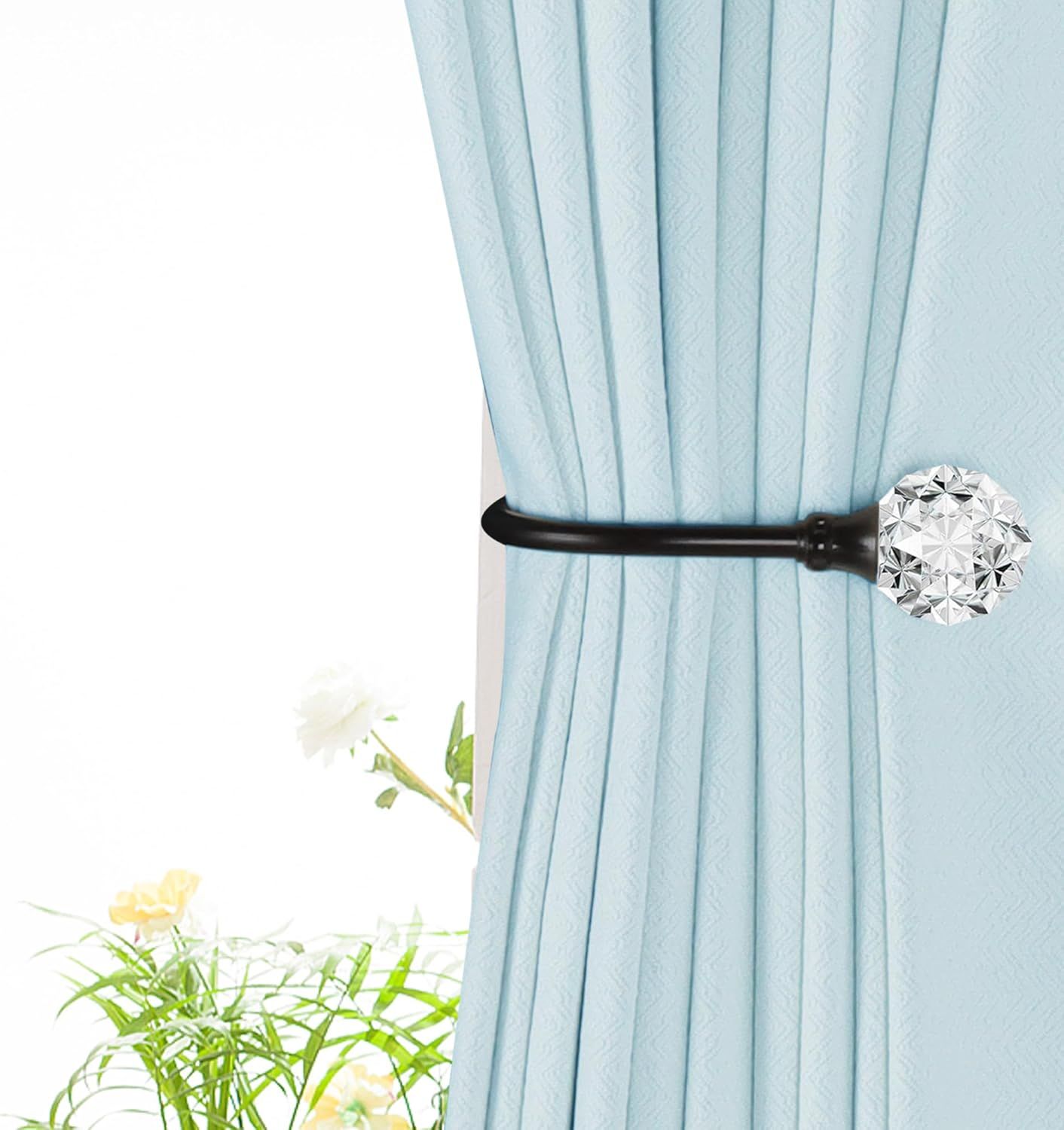 2 x Heavy Duty U Shaped Metal Curtain Holdbacks Curtain Tiebacks with Clear Crystal Ball Pull Backs Curtain Holders or Drapes (Black) - Image 2