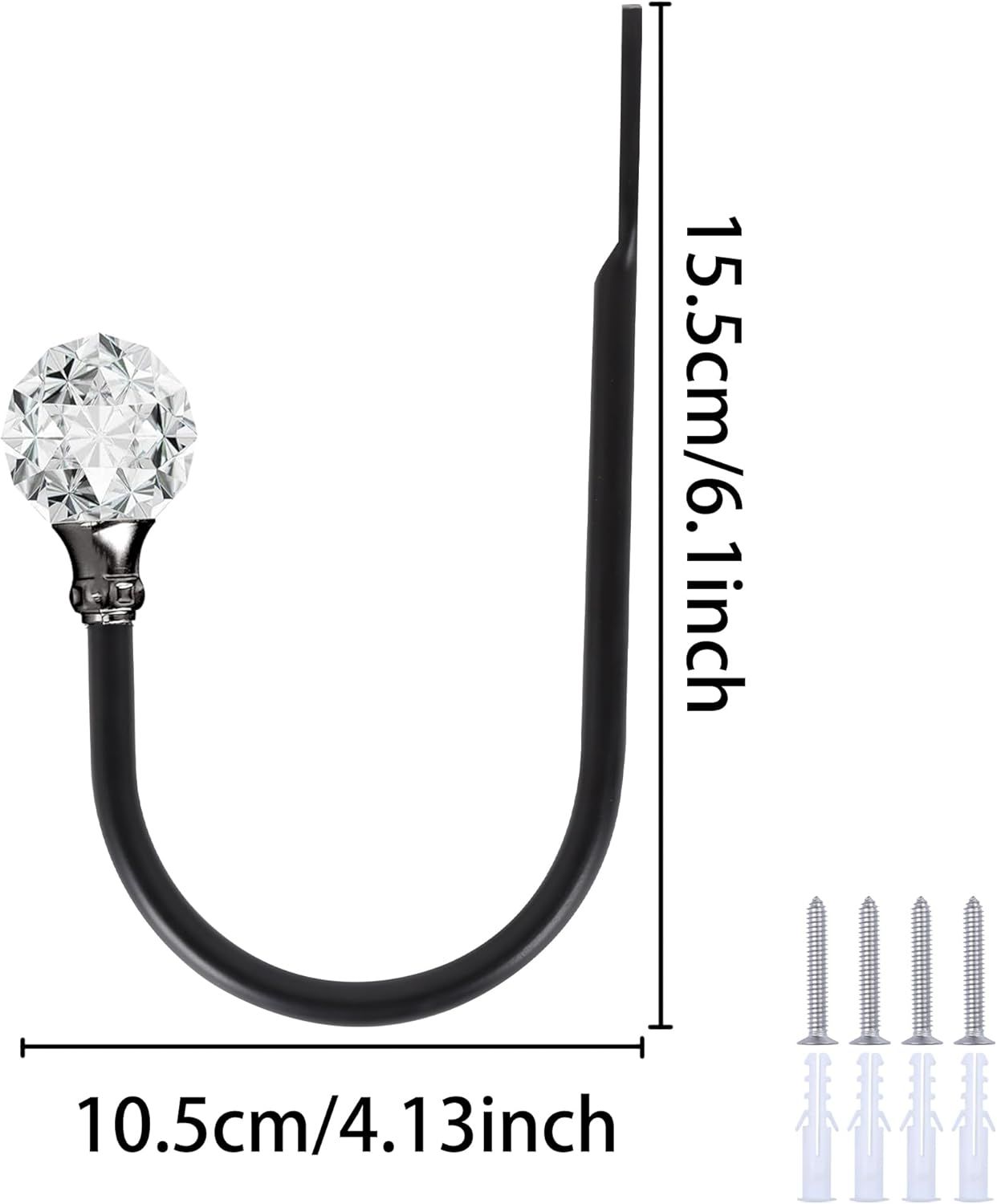 2 x Heavy Duty U Shaped Metal Curtain Holdbacks Curtain Tiebacks with Clear Crystal Ball Pull Backs Curtain Holders or Drapes (Black) - Image 3