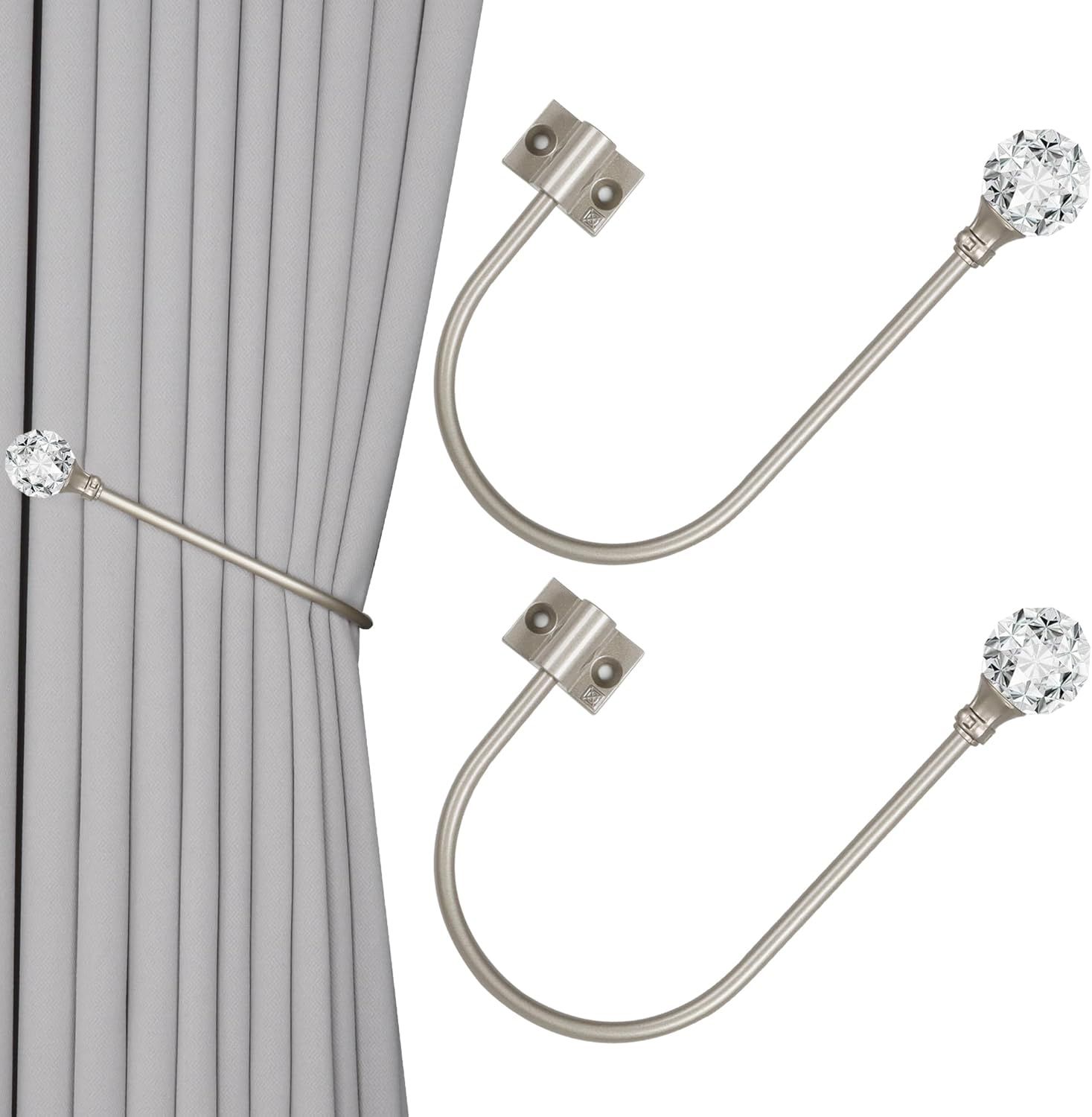 Upgraded Curtain Tiebacks Set o 2 - Wall Mounted Heavy Duty Adjustable Curtain Holdbacks or Heavy Curtains,U-Shaped Curtain Pull Backs with 180°lexible Angle (2, Silver with Crystal Ball) - Image 1