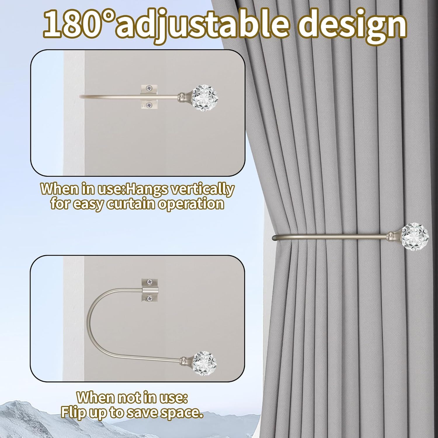 Upgraded Curtain Tiebacks Set o 2 - Wall Mounted Heavy Duty Adjustable Curtain Holdbacks or Heavy Curtains,U-Shaped Curtain Pull Backs with 180°lexible Angle (2, Silver with Crystal Ball) - Image 4