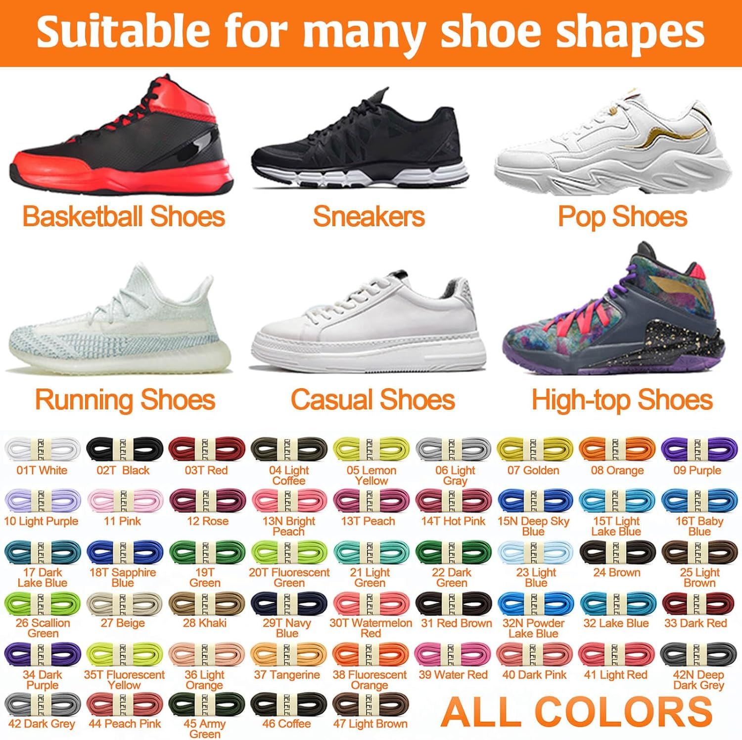 2Pair Oval Shoes laces 42 Colors Hal Round 1/4