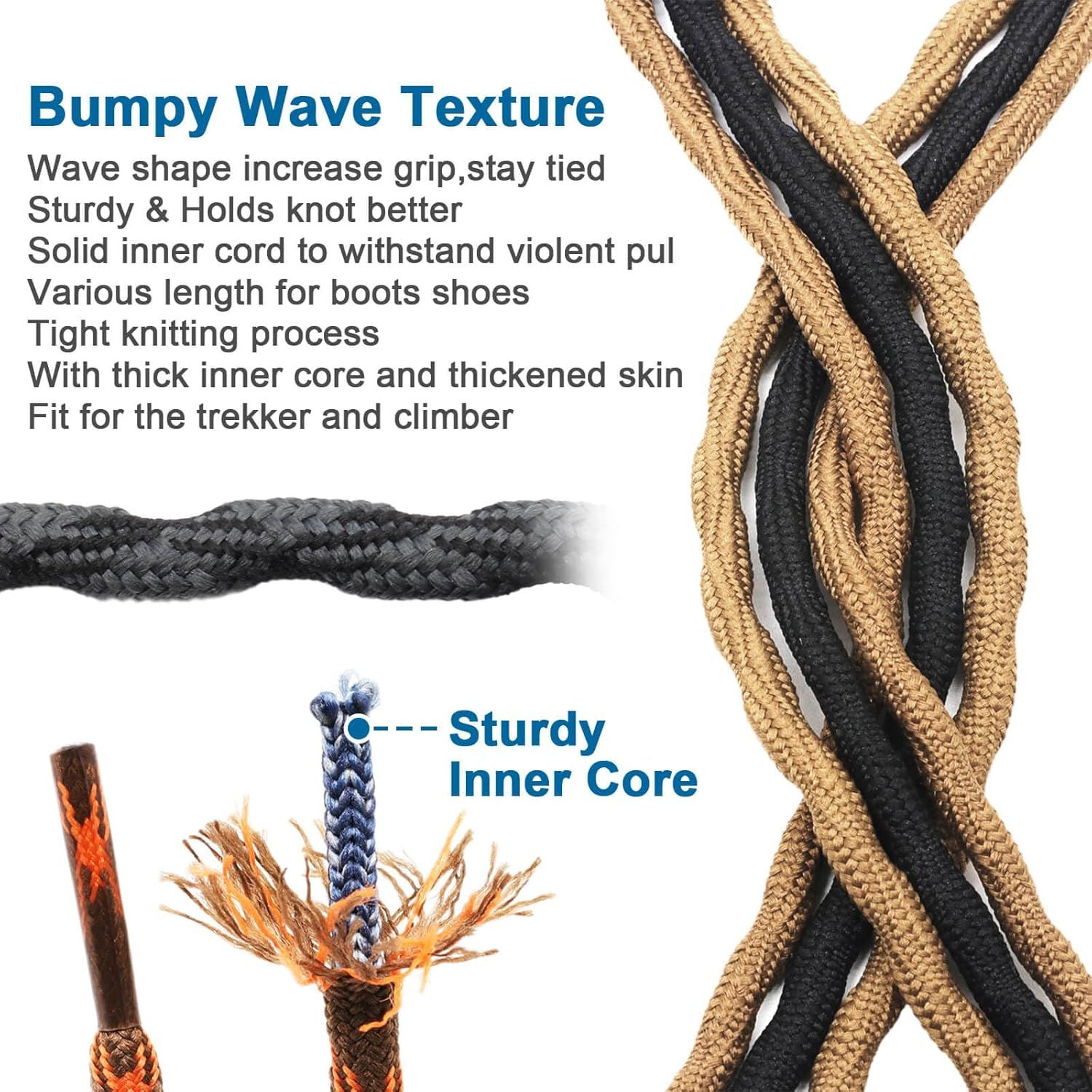 2 Pair Round Wave Shape Non Slip Heavy Duty and Durable Outdoor Climbing Shoelaces Hiking Shoe Laces Shoestrings - Image 7