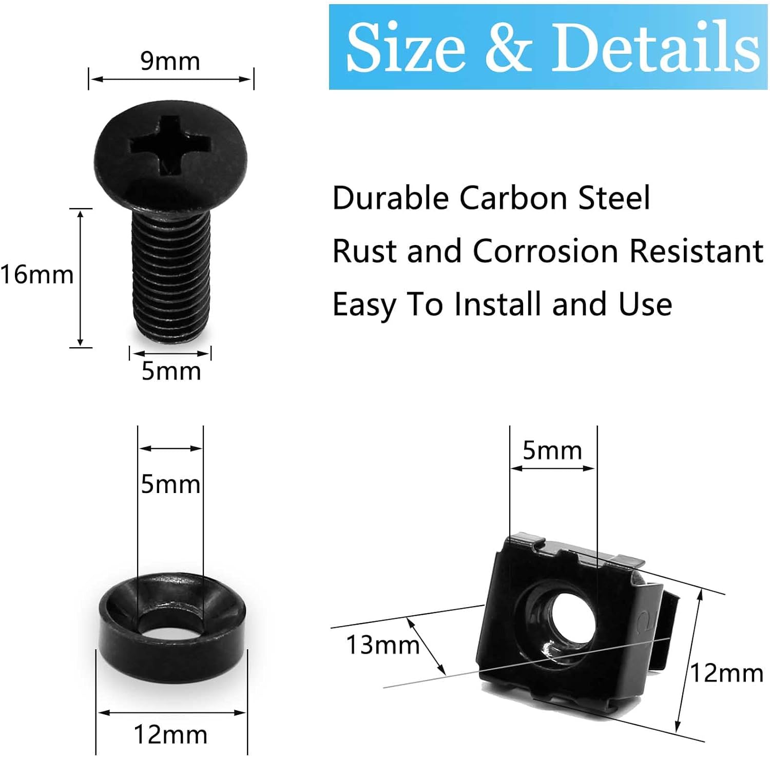 Biaungdo 30 Pcs M5 x 16mm Rack Screws and Cage Nuts, Computer Rack Mount Cage Screws & Nuts & Washers for Server Console Mounting, Rack Mount, Cabinets(Black) - Image 2