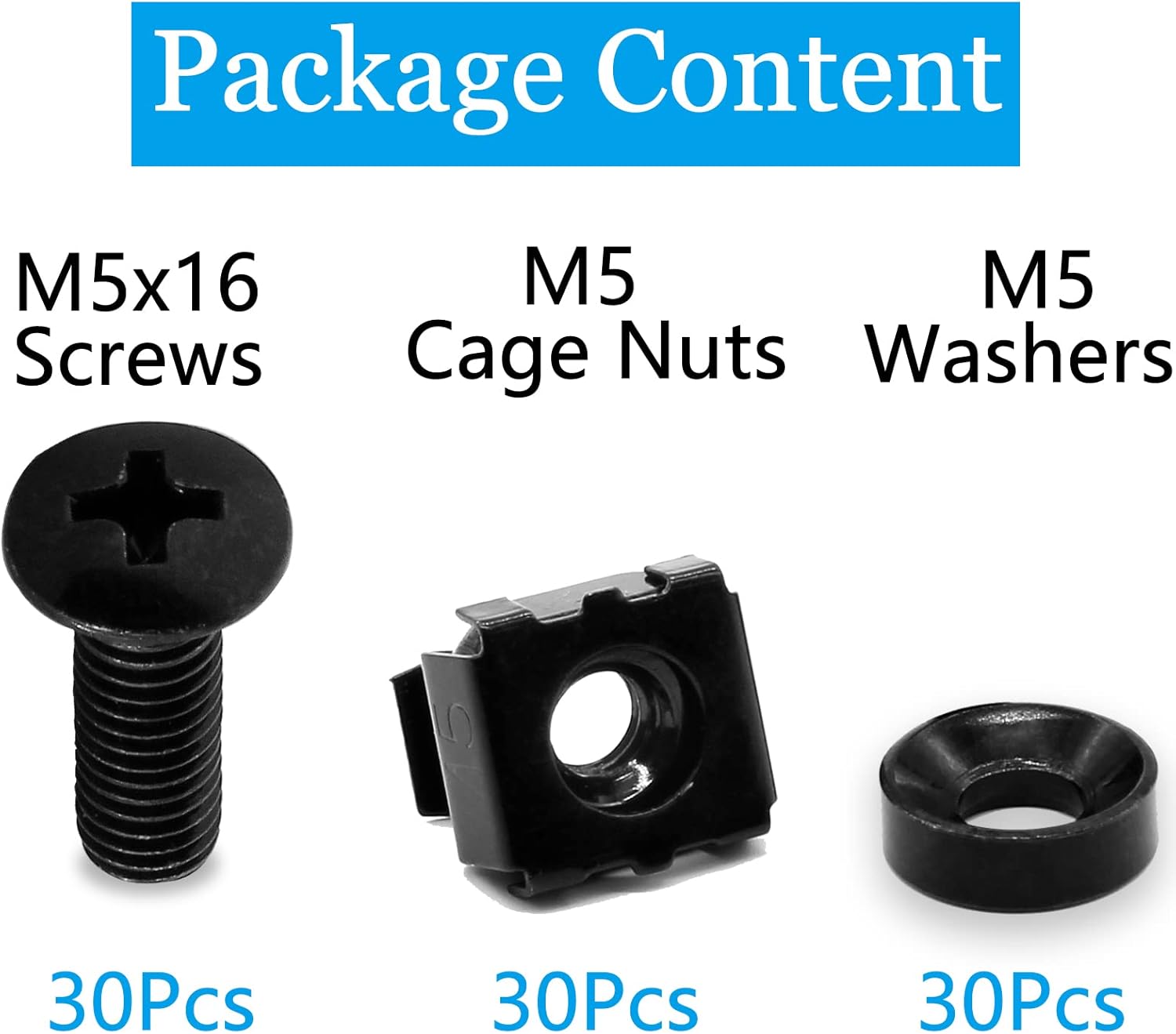 Biaungdo 30 Pcs M5 x 16mm Rack Screws and Cage Nuts, Computer Rack Mount Cage Screws & Nuts & Washers for Server Console Mounting, Rack Mount, Cabinets(Black) - Image 5