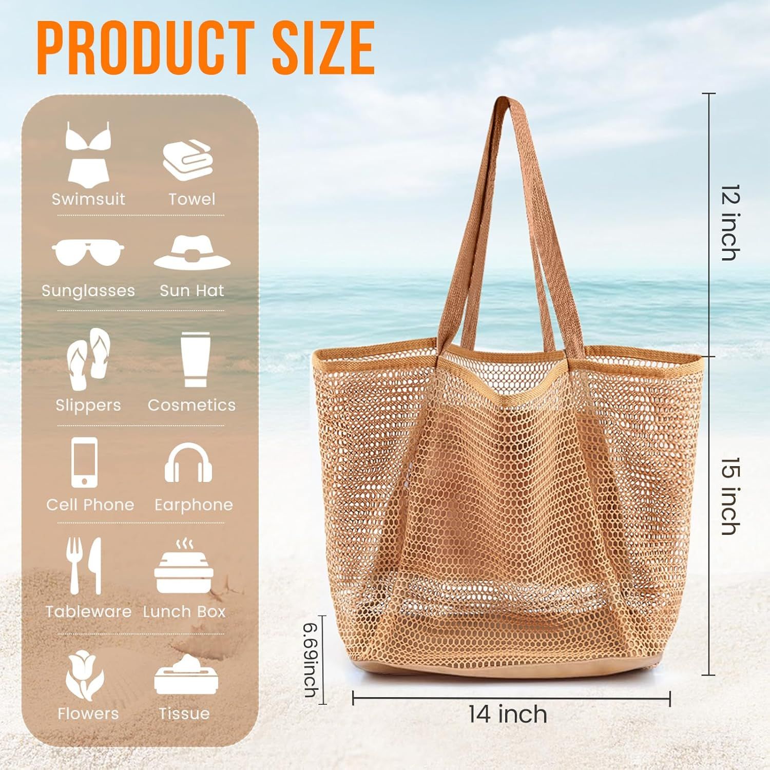 Beach Bags or Women, Summer Travel Mesh Tote Bag with Large Inner Pocket, Sandproo Woven Shoulder Handbag - Image 3