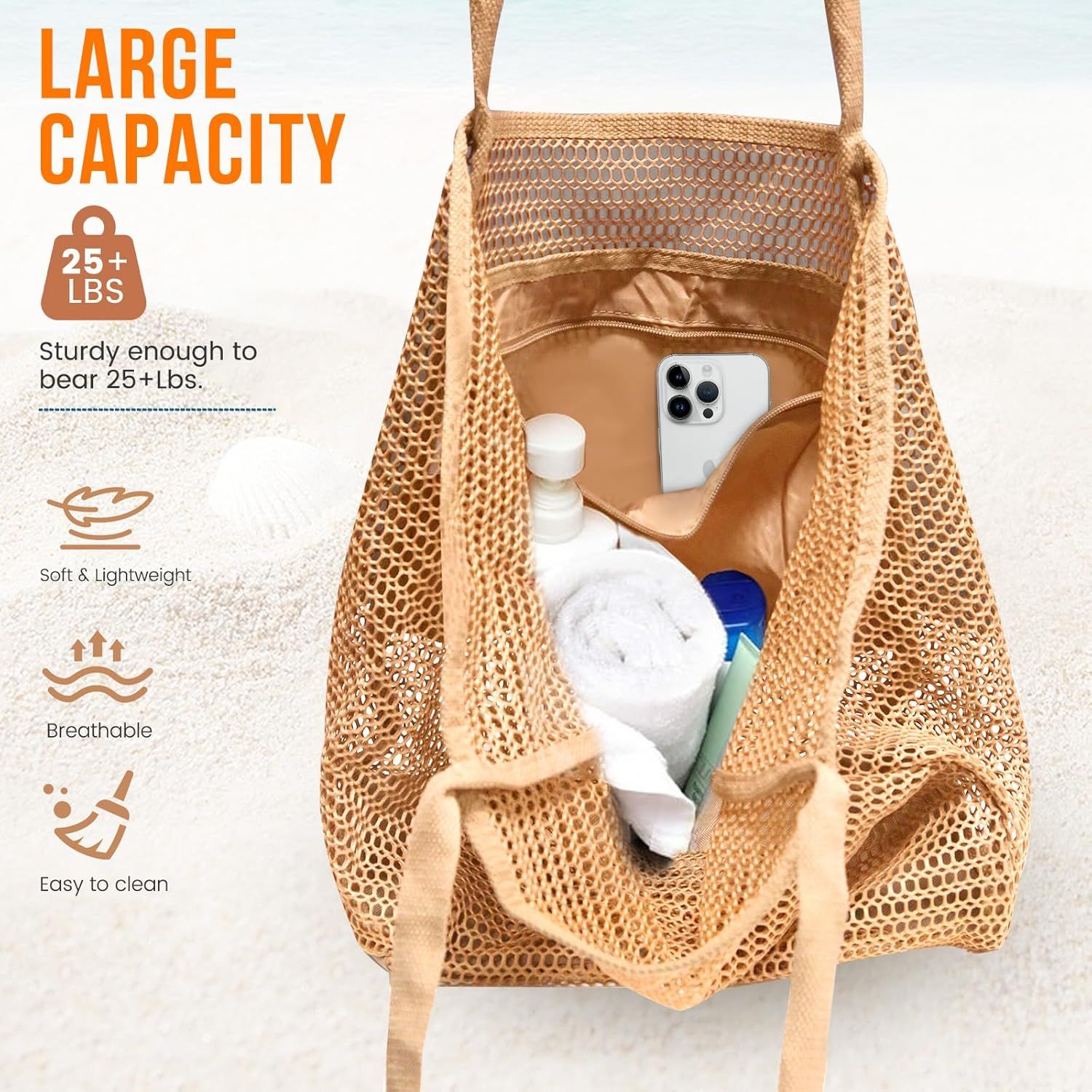 Beach Bags or Women, Summer Travel Mesh Tote Bag with Large Inner Pocket, Sandproo Woven Shoulder Handbag - Image 4