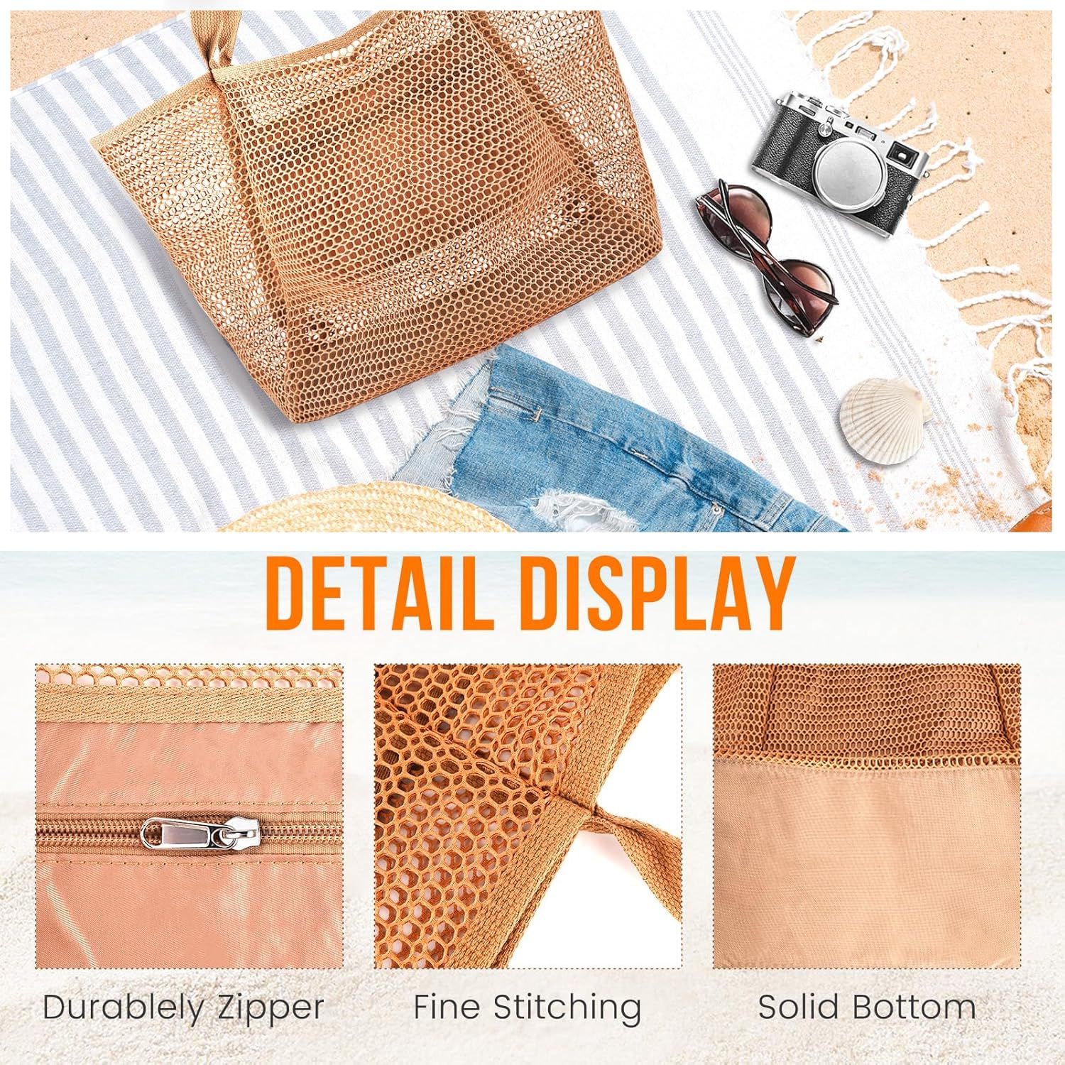Beach Bags or Women, Summer Travel Mesh Tote Bag with Large Inner Pocket, Sandproo Woven Shoulder Handbag - Image 6