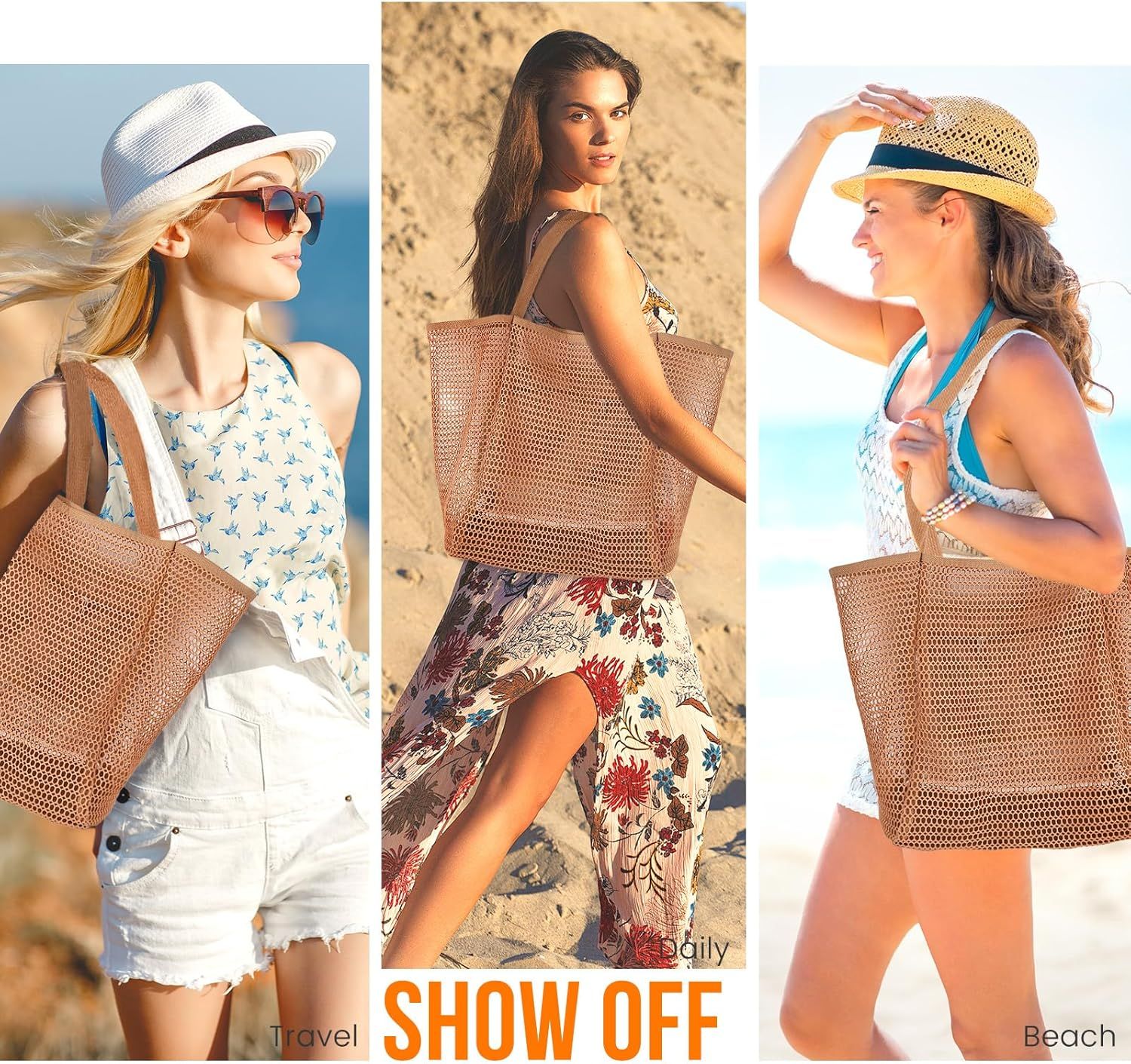 Beach Bags or Women, Summer Travel Mesh Tote Bag with Large Inner Pocket, Sandproo Woven Shoulder Handbag - Image 8