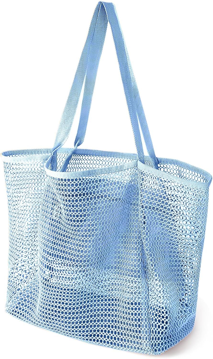 Beach Bags or Women, Summer Travel Mesh Tote Bag with Large Inner Pocket, Sandproo Woven Shoulder Handbag Swim Pool Bag, Suit or amily Vacation Essentials - Image 1