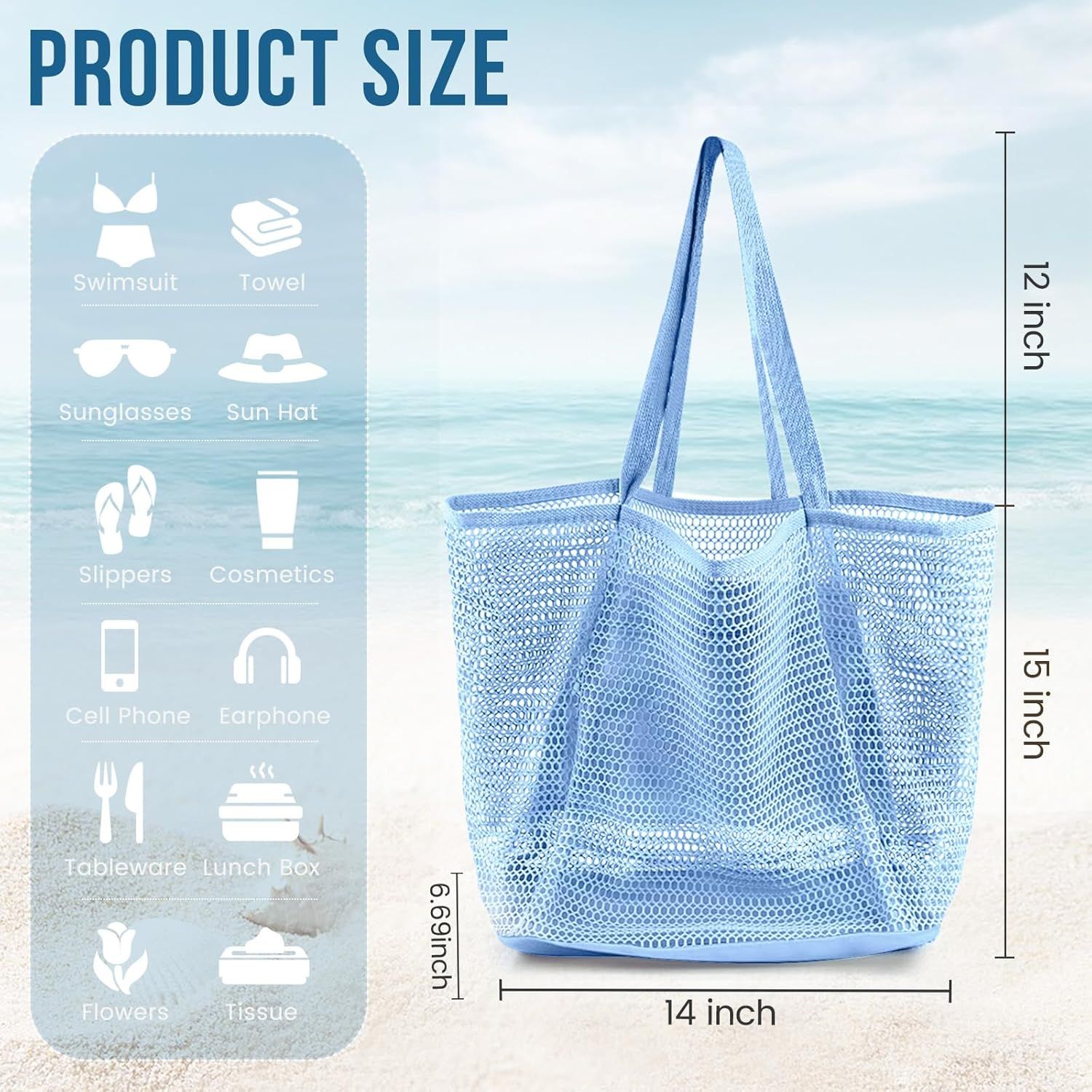 Beach Bags or Women, Summer Travel Mesh Tote Bag with Large Inner Pocket, Sandproo Woven Shoulder Handbag Swim Pool Bag, Suit or amily Vacation Essentials - Image 3