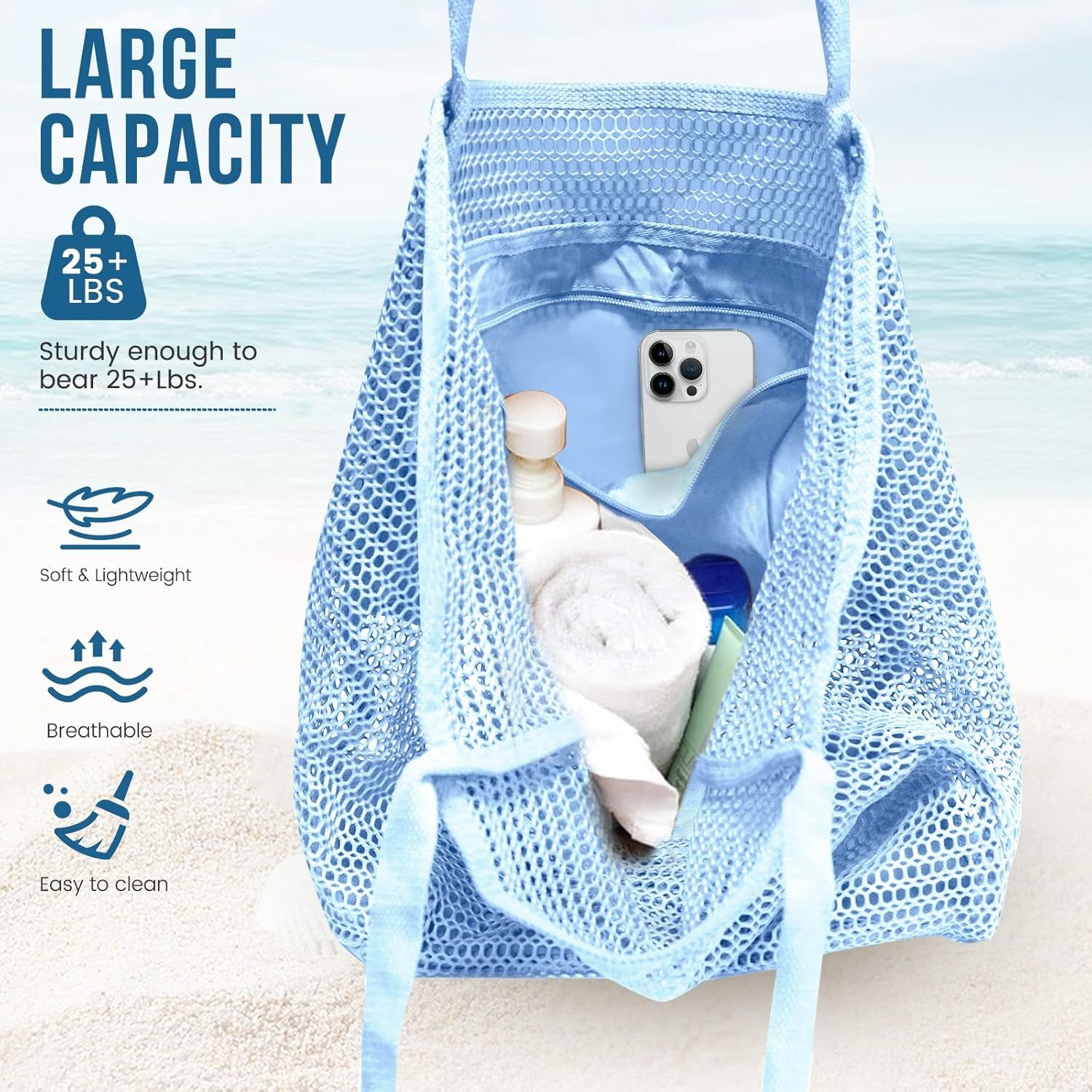 Beach Bags or Women, Summer Travel Mesh Tote Bag with Large Inner Pocket, Sandproo Woven Shoulder Handbag Swim Pool Bag, Suit or amily Vacation Essentials - Image 4