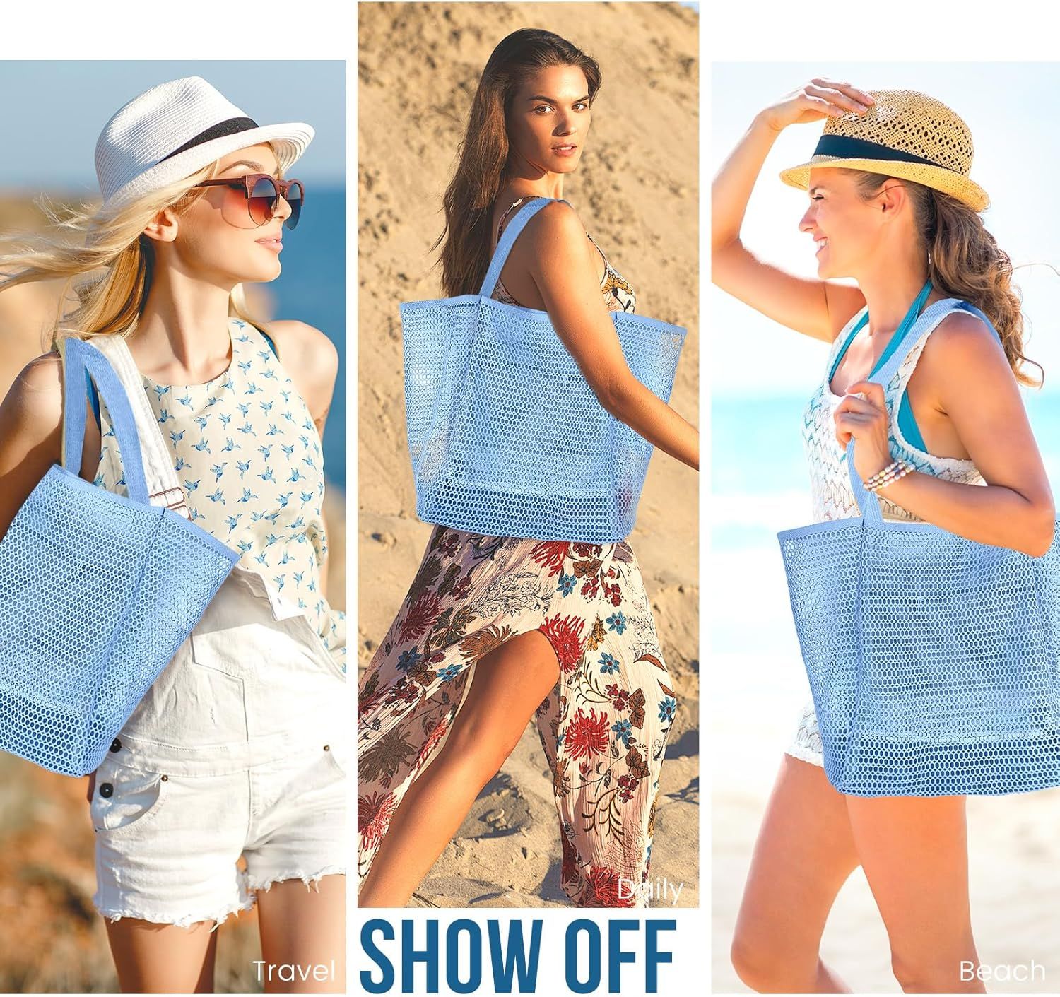 Beach Bags or Women, Summer Travel Mesh Tote Bag with Large Inner Pocket, Sandproo Woven Shoulder Handbag Swim Pool Bag, Suit or amily Vacation Essentials - Image 6