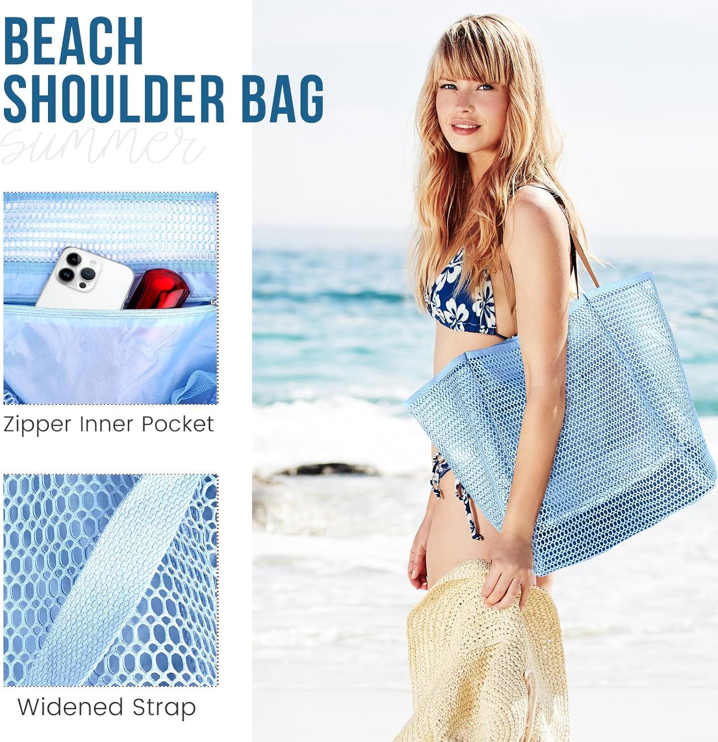Beach Bags or Women, Summer Travel Mesh Tote Bag with Large Inner Pocket, Sandproo Woven Shoulder Handbag Swim Pool Bag, Suit or amily Vacation Essentials - Image 7