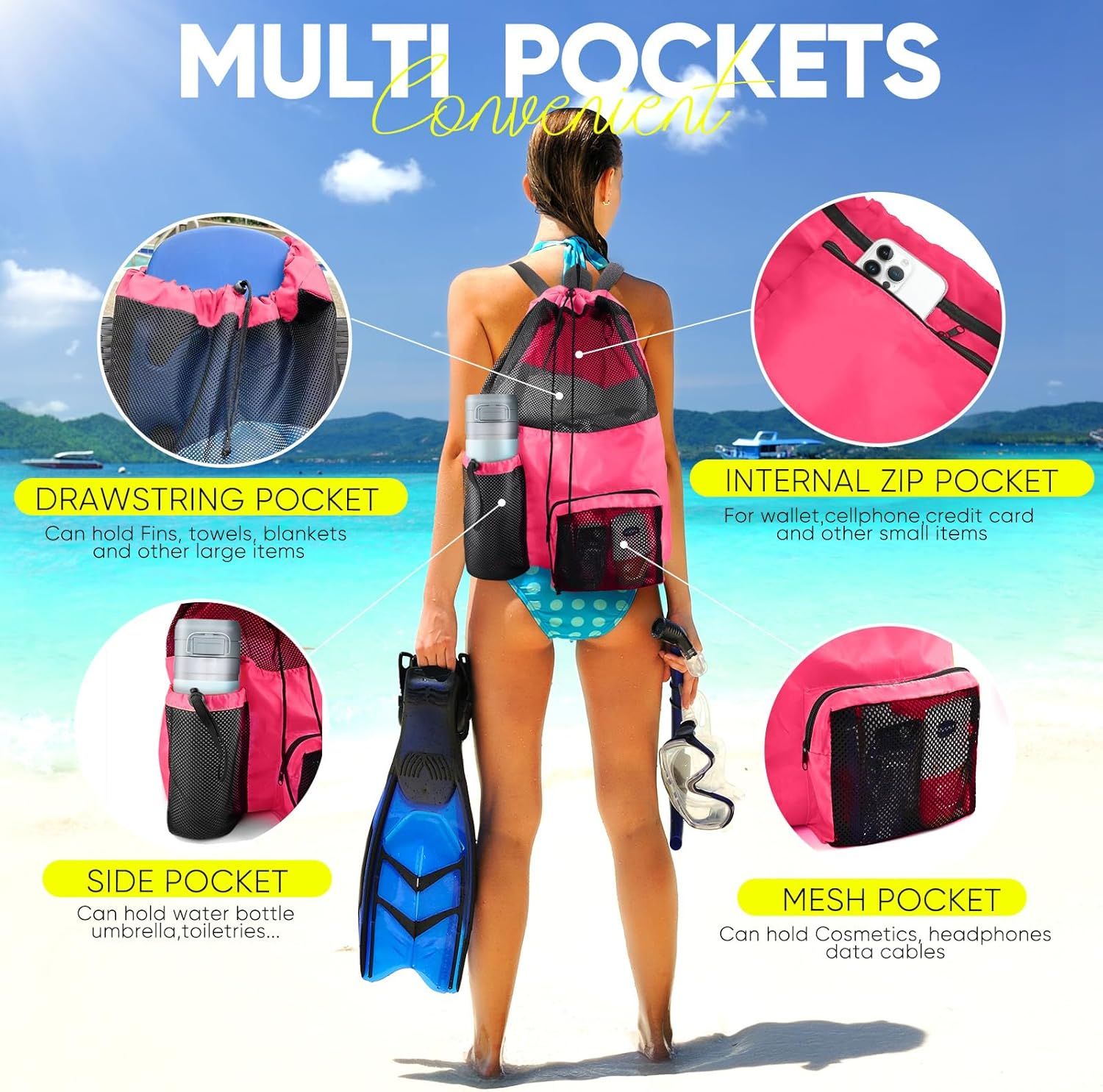 Mesh Swim Bag Beach Drawstring Backpack, Waterproo Gym Bags or Women and Men, Large Pool Bag Swimming Gear or Swimmers - Image 3