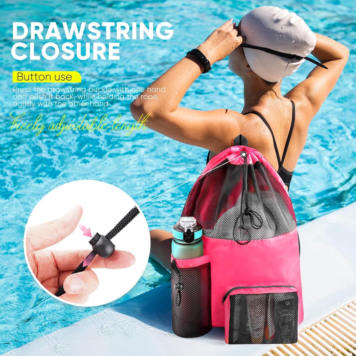 Mesh Swim Bag Beach Drawstring Backpack, Waterproo Gym Bags or Women and Men, Large Pool Bag Swimming Gear or Swimmers - Image 6
