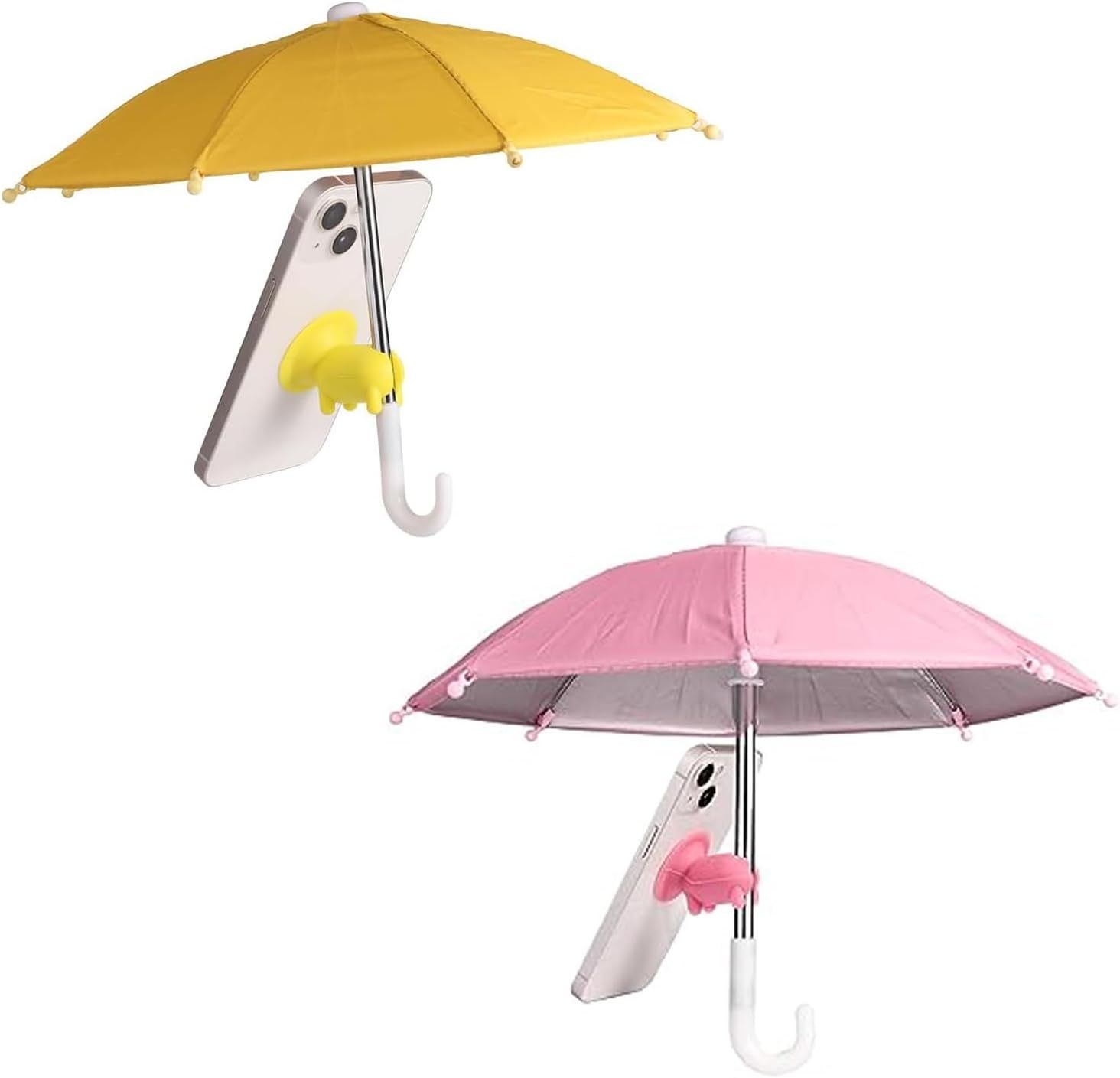 2pcs Cell Phone Umbrella or Sun Shade, Universal Adjustable Cute Phone Shade Umbrella with Piggy Style Suction Cup, Outdoor Anti-Glare Stand Sun Visor (Yellow & Pink) - Image 1