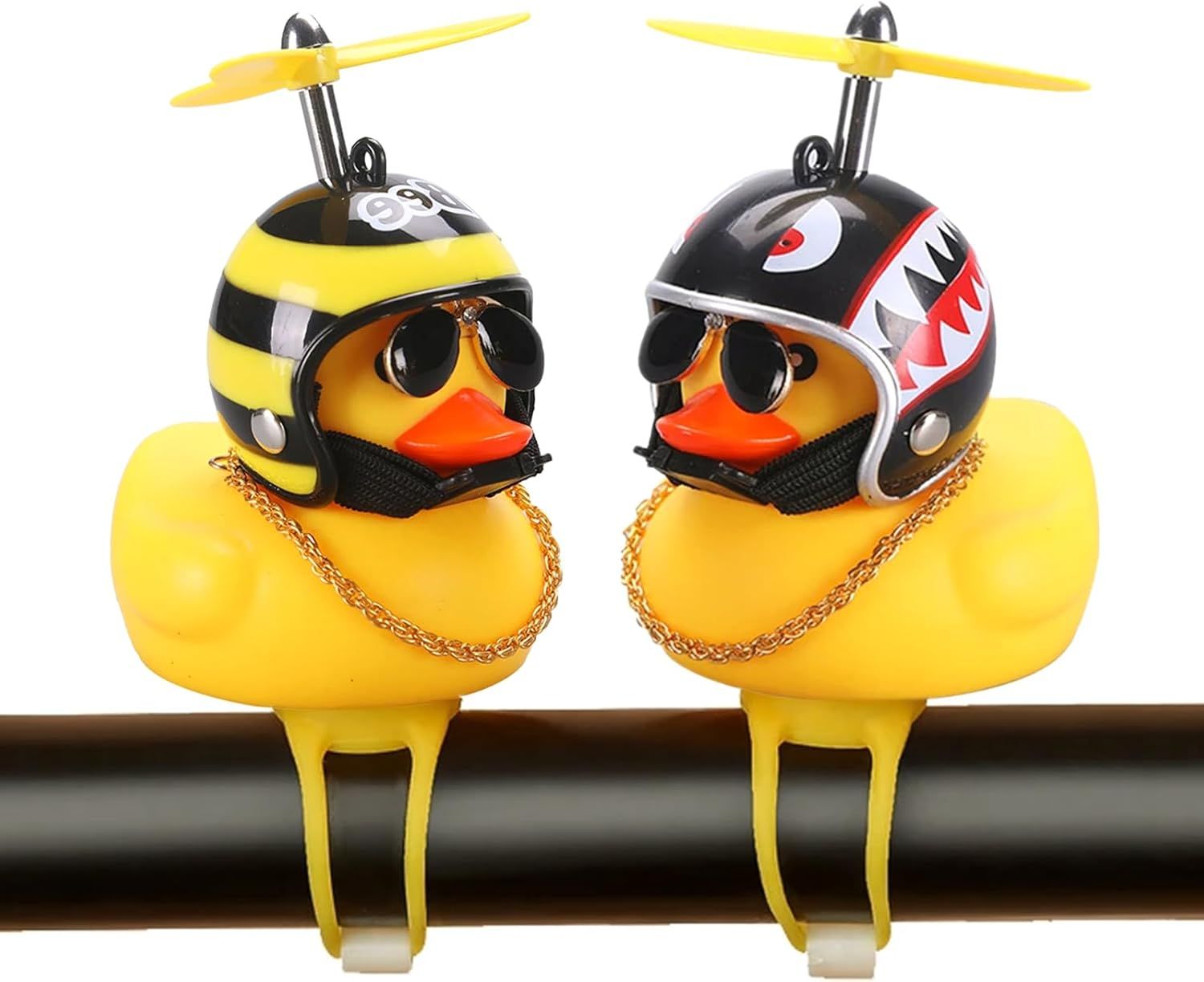 2 Pack Rubber Duck Car Ornaments, Yellow Duck Car Dashboard Decorations Squeeze Duck Bicycle Horns with Propeller Helmet,Bandage and Gold Chain - Image 1