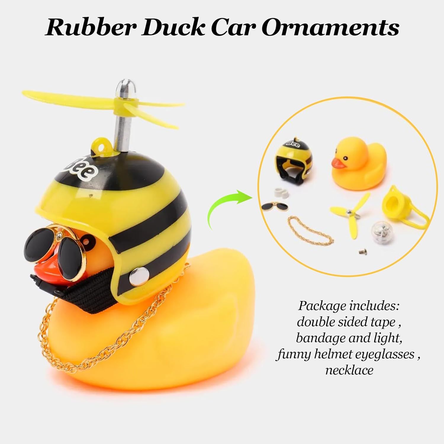 2 Pack Rubber Duck Car Ornaments, Yellow Duck Car Dashboard Decorations Squeeze Duck Bicycle Horns with Propeller Helmet,Bandage and Gold Chain - Image 2