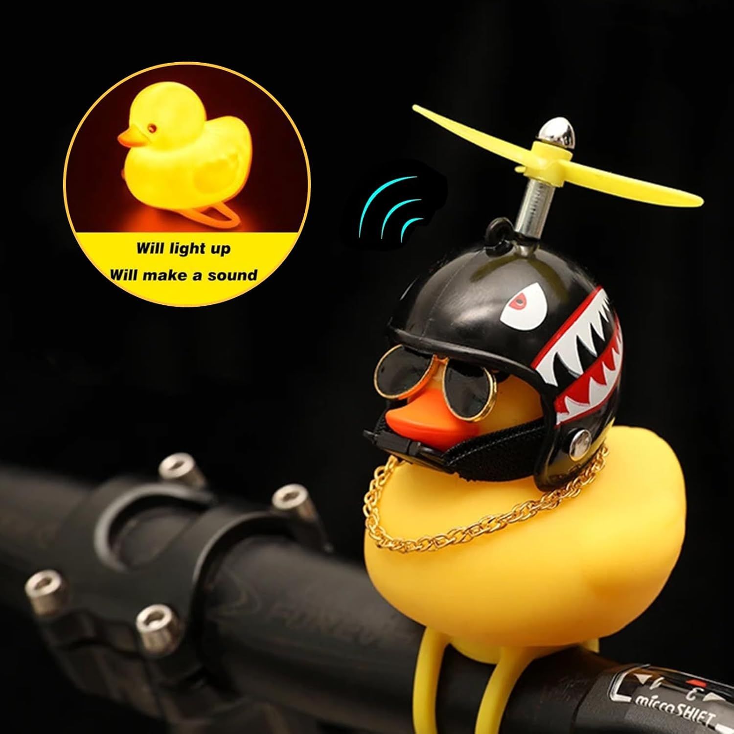 2 Pack Rubber Duck Car Ornaments, Yellow Duck Car Dashboard Decorations Squeeze Duck Bicycle Horns with Propeller Helmet,Bandage and Gold Chain - Image 3