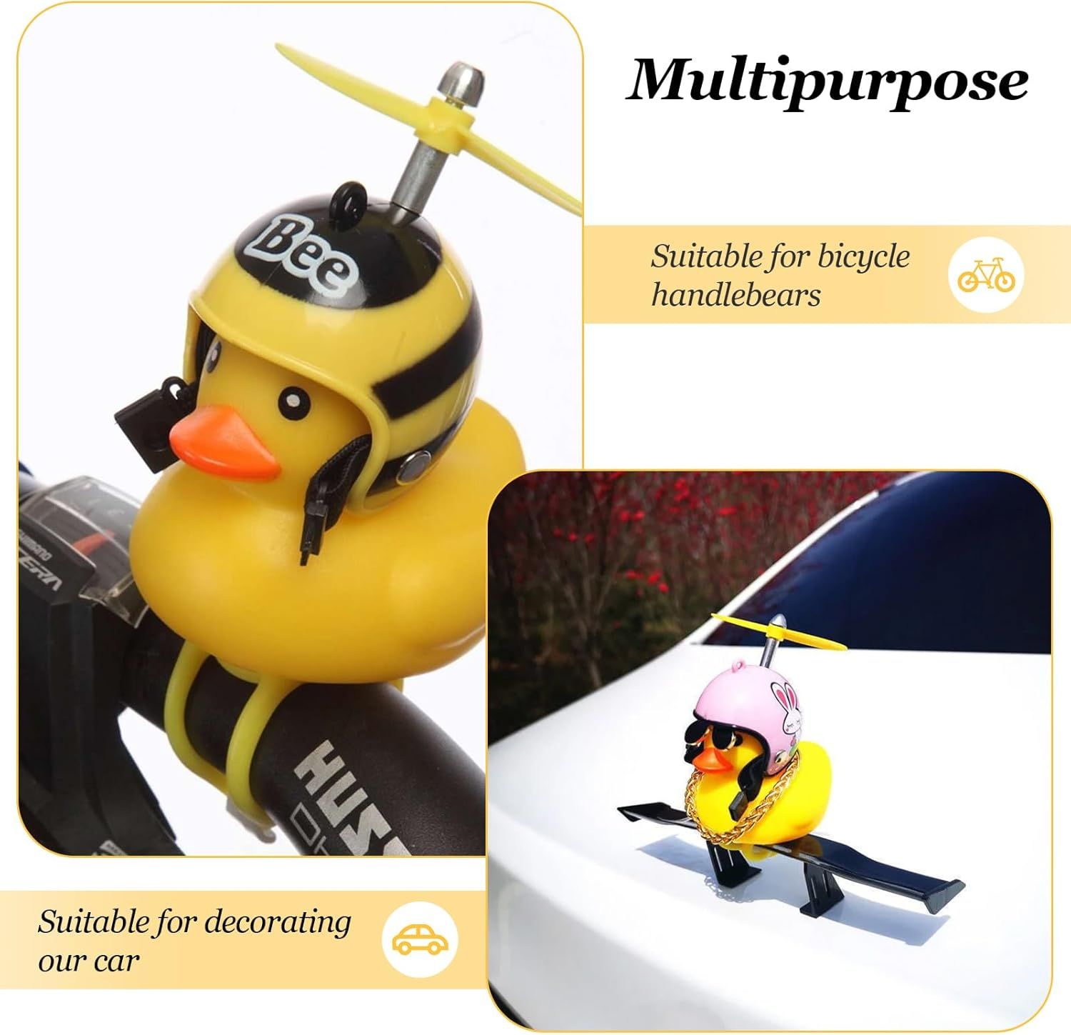2 Pack Rubber Duck Car Ornaments, Yellow Duck Car Dashboard Decorations Squeeze Duck Bicycle Horns with Propeller Helmet,Bandage and Gold Chain - Image 4