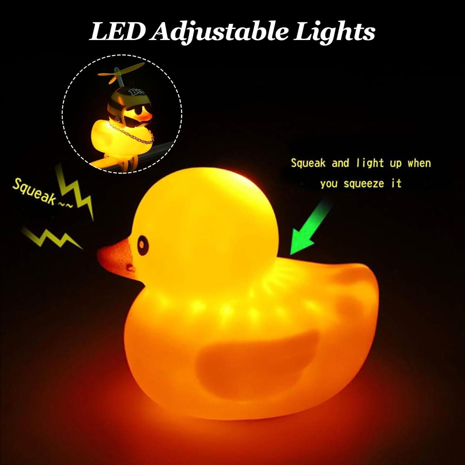 2 Pack Rubber Duck Car Ornaments, Yellow Duck Car Dashboard Decorations Squeeze Duck Bicycle Horns with Propeller Helmet,Bandage and Gold Chain - Image 5