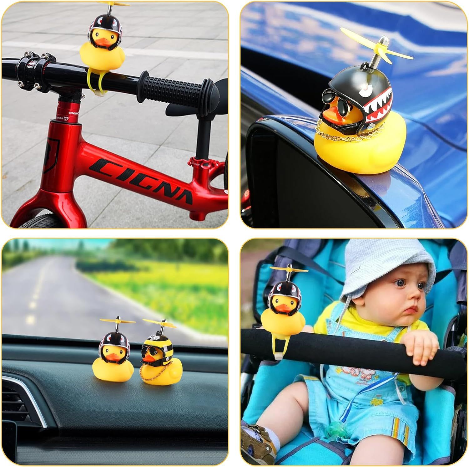 2 Pack Rubber Duck Car Ornaments, Yellow Duck Car Dashboard Decorations Squeeze Duck Bicycle Horns with Propeller Helmet,Bandage and Gold Chain - Image 7