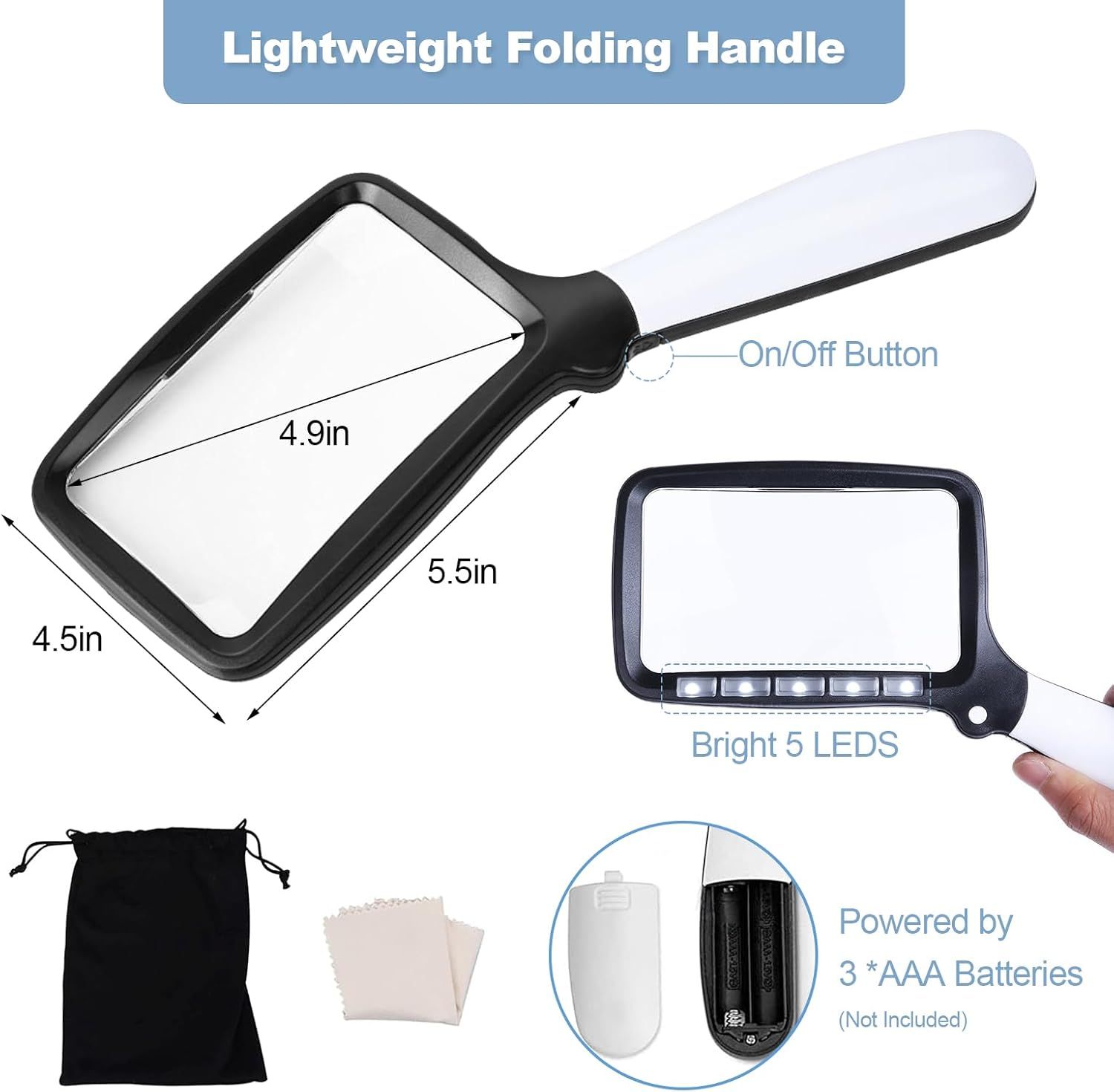 olding Handheld Magniying Glass with Light, 3X Large Rectangle Reading Magniier with Dimmable LED or Macular Degeneration Seniors Reading Inspection Coins Jewelry - Image 2