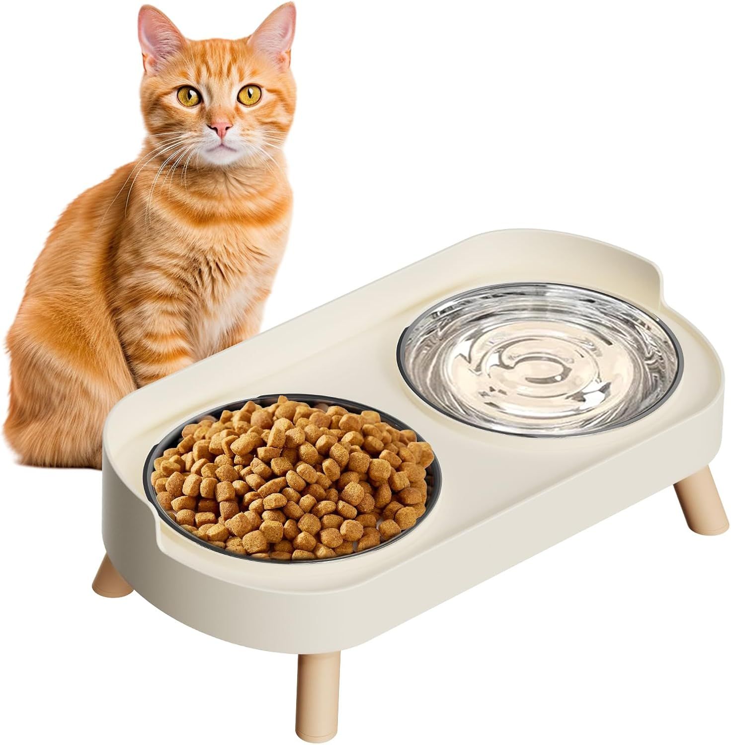 Elevated Cat Bowl, Raised Cat ood and Water Bowl Set or Indoor Cats, Splash Proo with 2 Stainless Steel Pet ood Bowls or Cats and Puppies, Whisker atigue and Dishwasher Sae - White - Image 1
