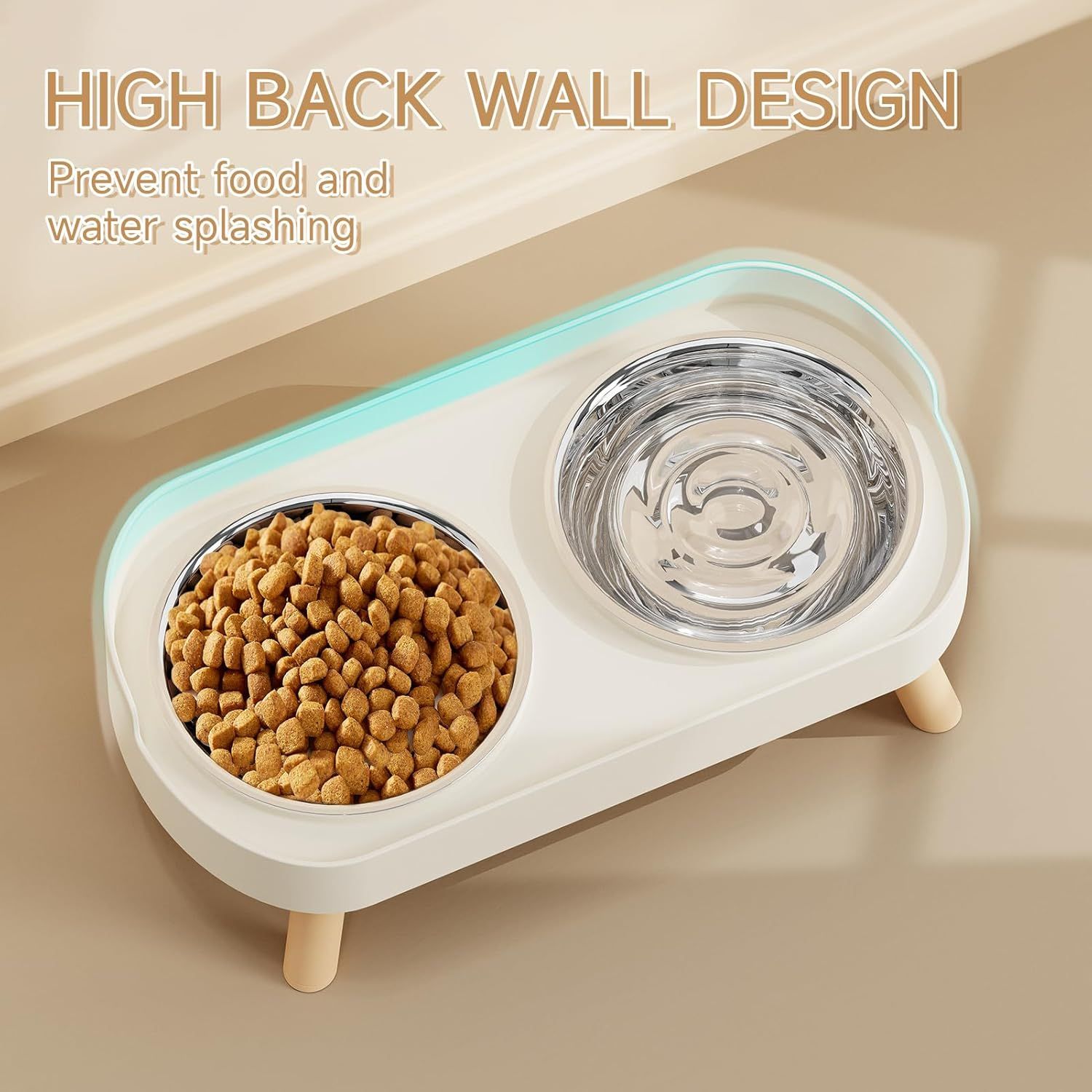 Elevated Cat Bowl, Raised Cat ood and Water Bowl Set or Indoor Cats, Splash Proo with 2 Stainless Steel Pet ood Bowls or Cats and Puppies, Whisker atigue and Dishwasher Sae - White - Image 2
