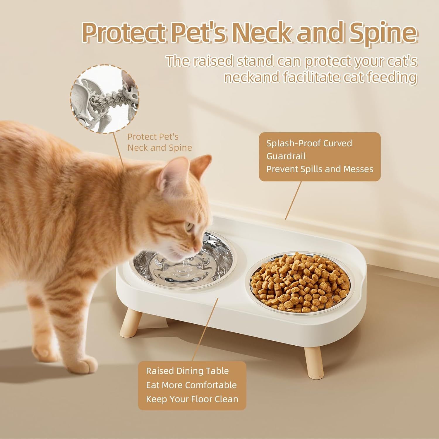 Elevated Cat Bowl, Raised Cat ood and Water Bowl Set or Indoor Cats, Splash Proo with 2 Stainless Steel Pet ood Bowls or Cats and Puppies, Whisker atigue and Dishwasher Sae - White - Image 3