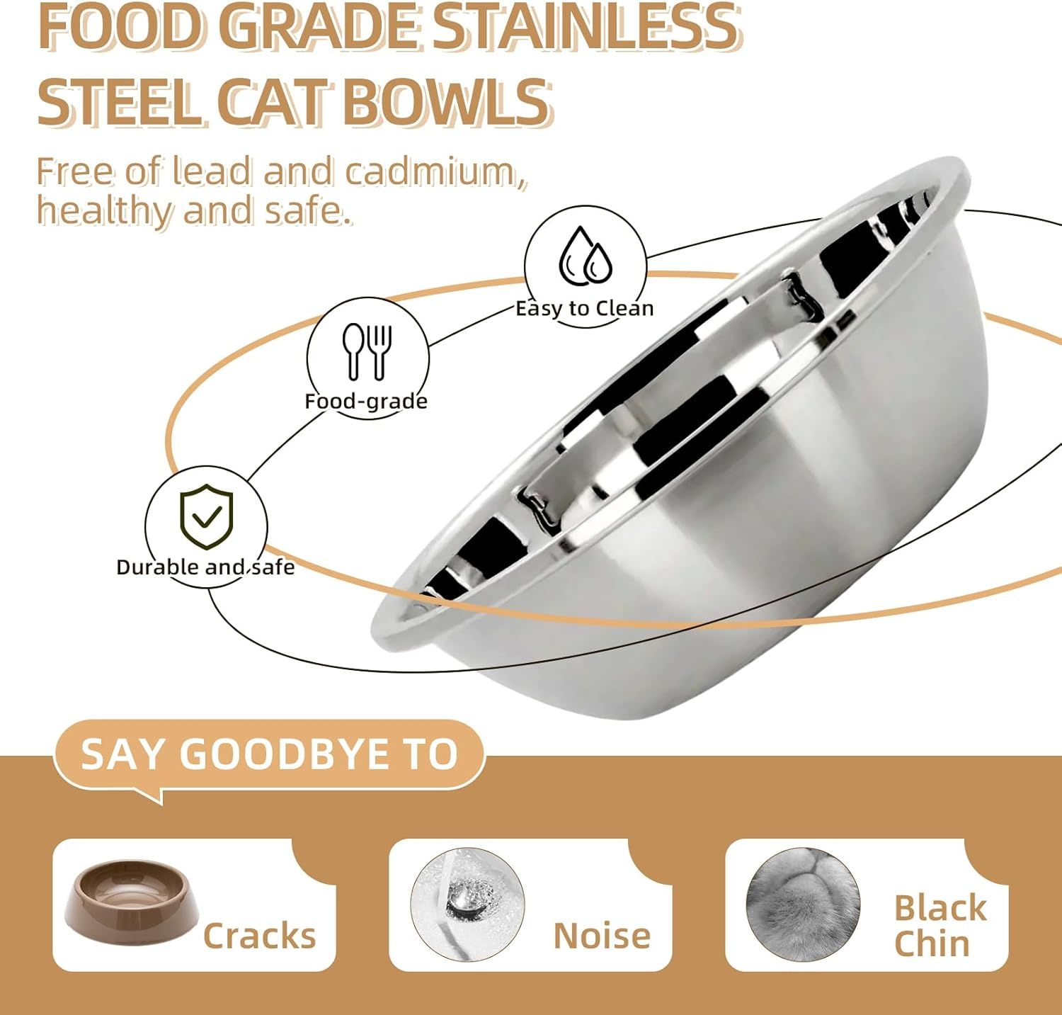 Elevated Cat Bowl, Raised Cat ood and Water Bowl Set or Indoor Cats, Splash Proo with 2 Stainless Steel Pet ood Bowls or Cats and Puppies, Whisker atigue and Dishwasher Sae - White - Image 4