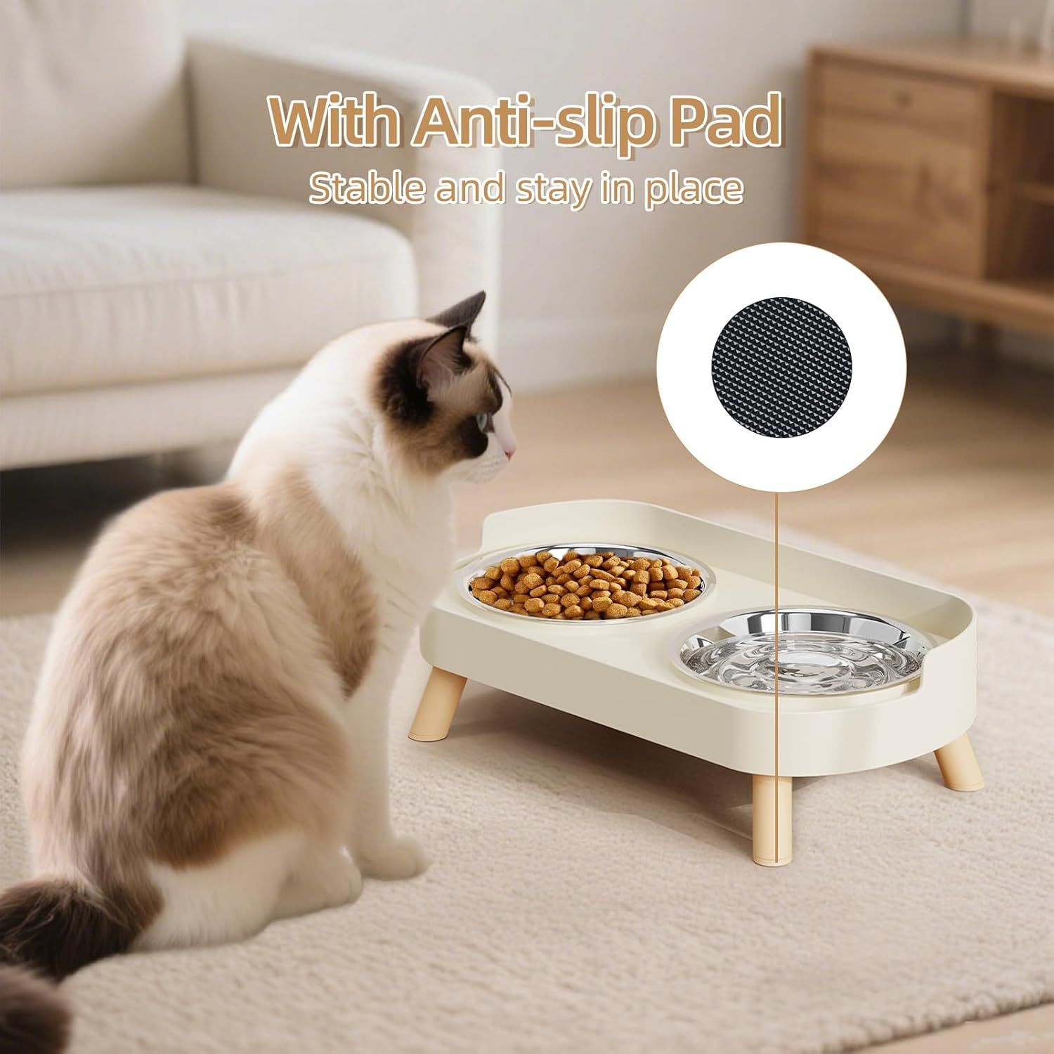Elevated Cat Bowl, Raised Cat ood and Water Bowl Set or Indoor Cats, Splash Proo with 2 Stainless Steel Pet ood Bowls or Cats and Puppies, Whisker atigue and Dishwasher Sae - White - Image 5