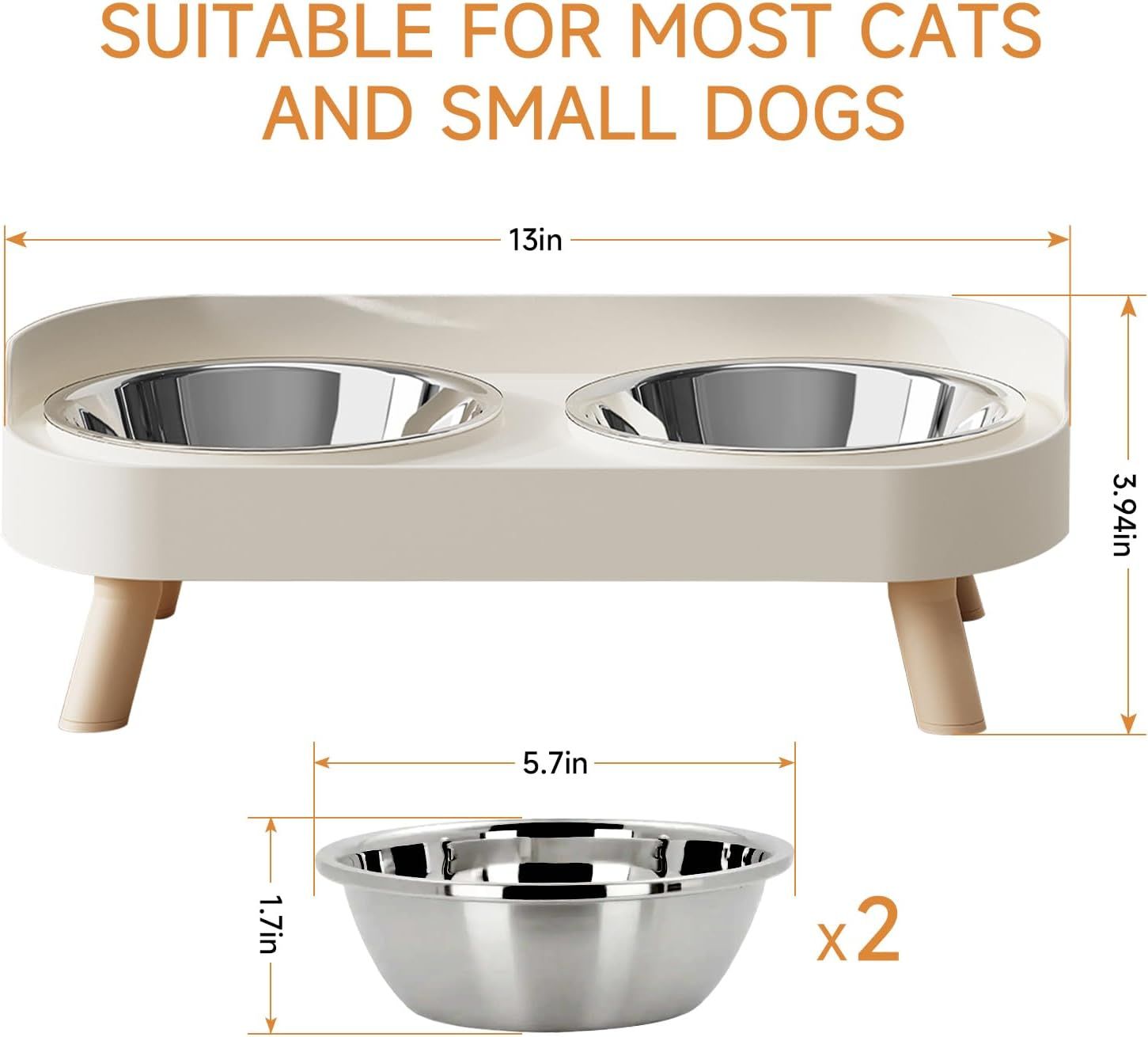 Elevated Cat Bowl, Raised Cat ood and Water Bowl Set or Indoor Cats, Splash Proo with 2 Stainless Steel Pet ood Bowls or Cats and Puppies, Whisker atigue and Dishwasher Sae - White - Image 6