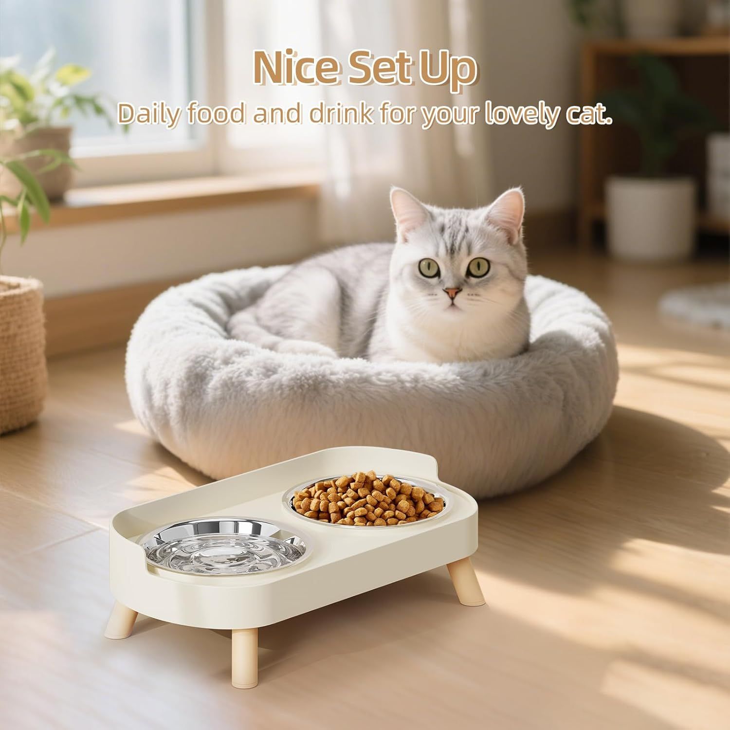 Elevated Cat Bowl, Raised Cat ood and Water Bowl Set or Indoor Cats, Splash Proo with 2 Stainless Steel Pet ood Bowls or Cats and Puppies, Whisker atigue and Dishwasher Sae - White - Image 8