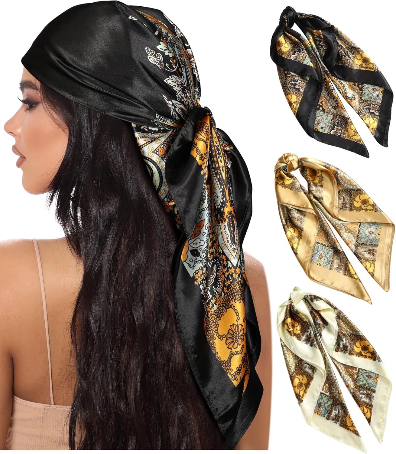 35” Large Square Satin Head Scar - 3Pcs Satin Hair Scarves Silk Bandana Scar Headscar Silk eeling Scar or Women - Image 1