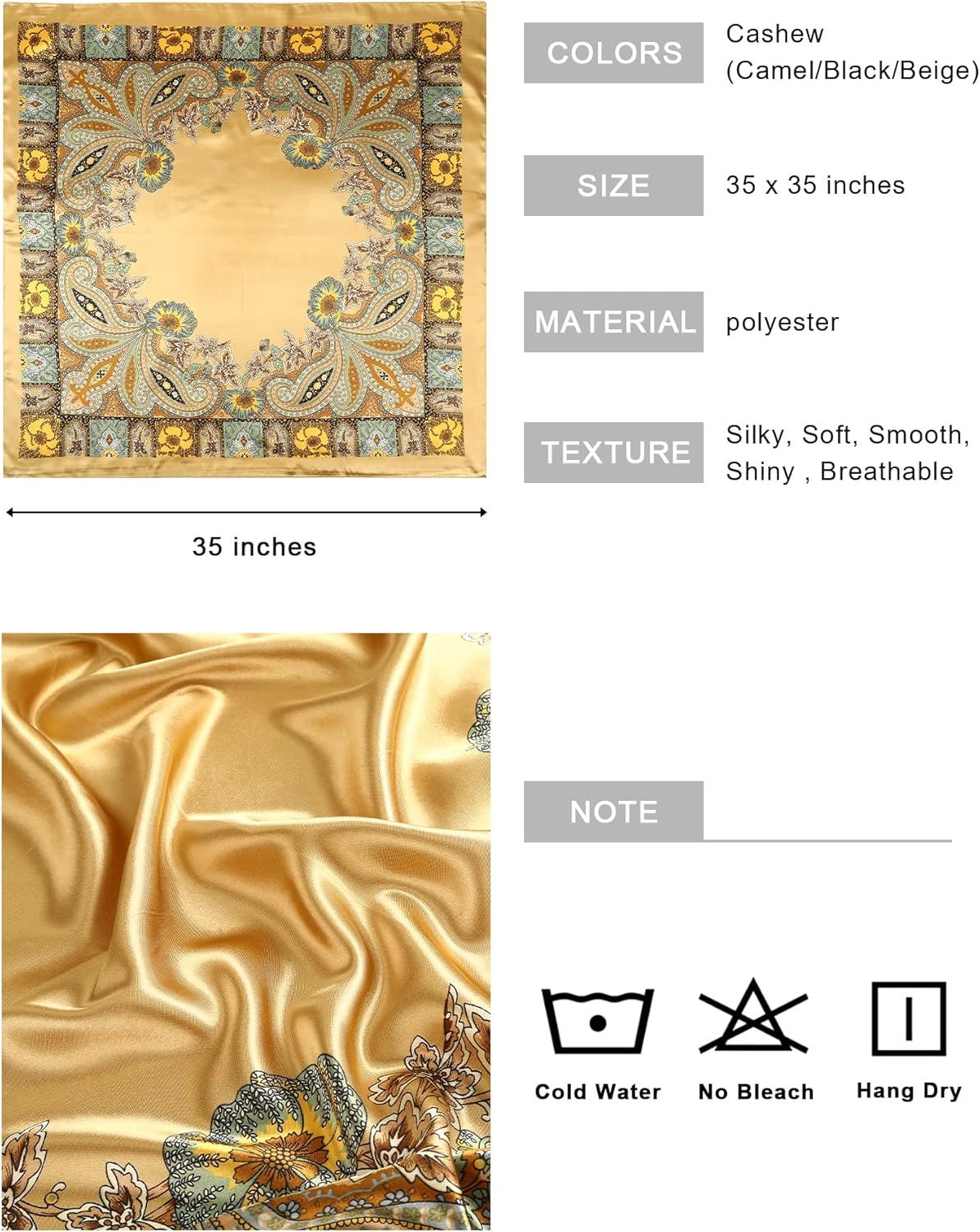 35” Large Square Satin Head Scar - 3Pcs Satin Hair Scarves Silk Bandana Scar Headscar Silk eeling Scar or Women - Image 2