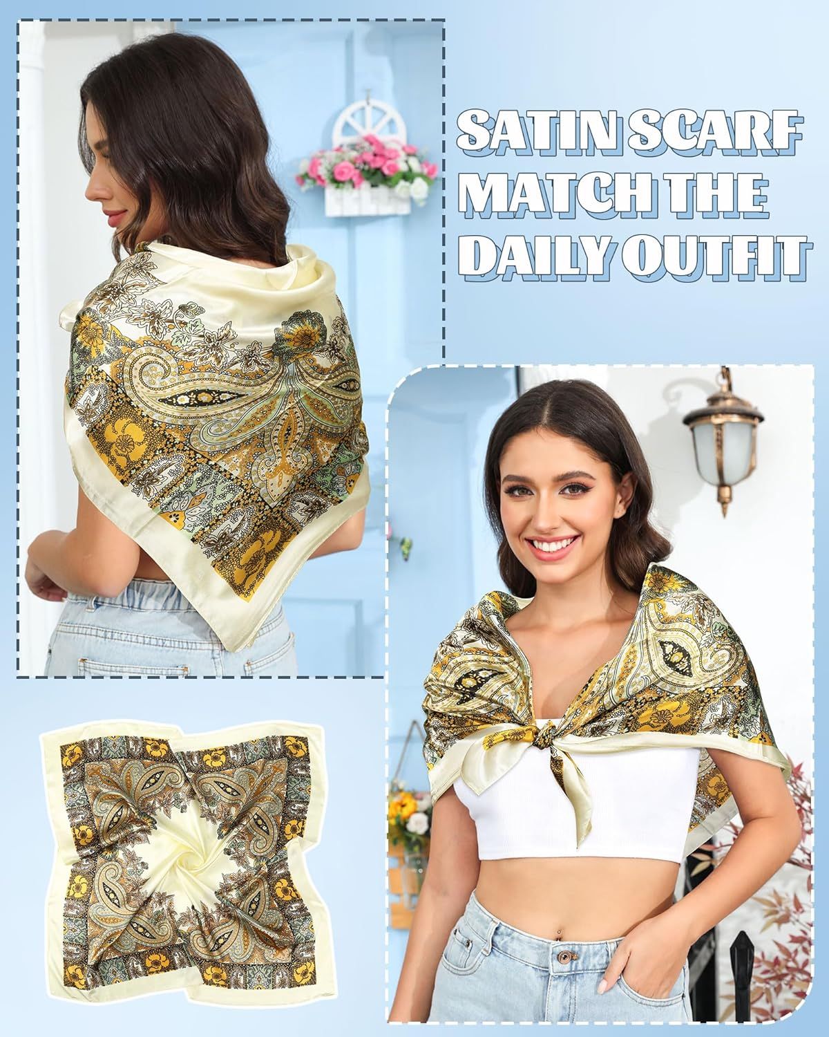 35” Large Square Satin Head Scar - 3Pcs Satin Hair Scarves Silk Bandana Scar Headscar Silk eeling Scar or Women - Image 4